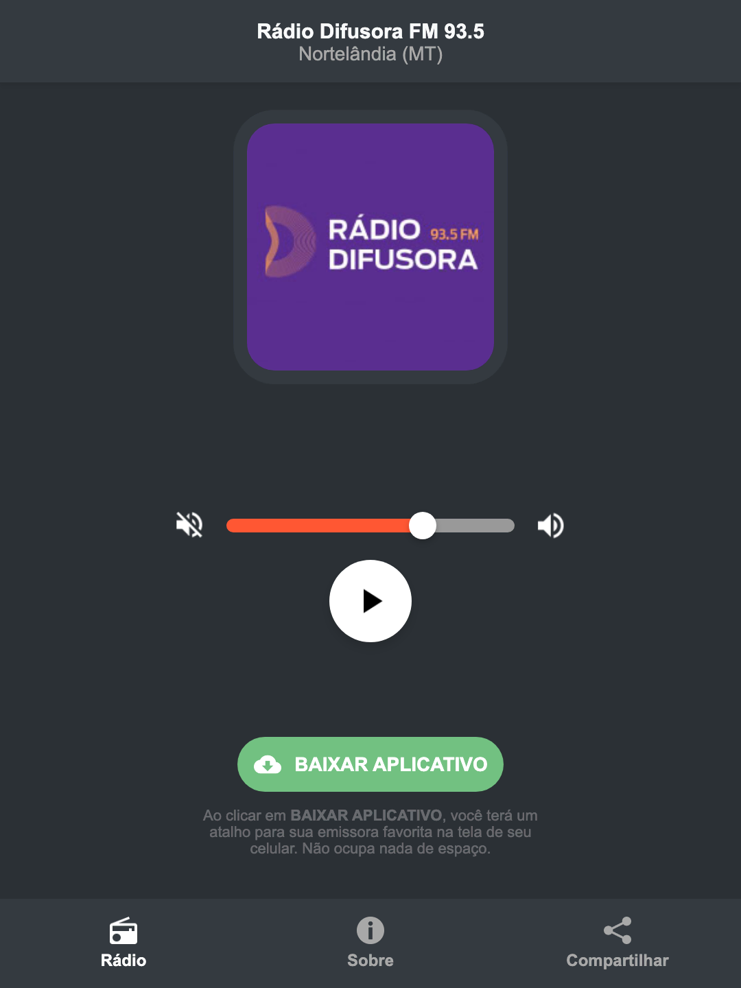 Screenshot do aplicativo da Rádio Difusora FM 93.5