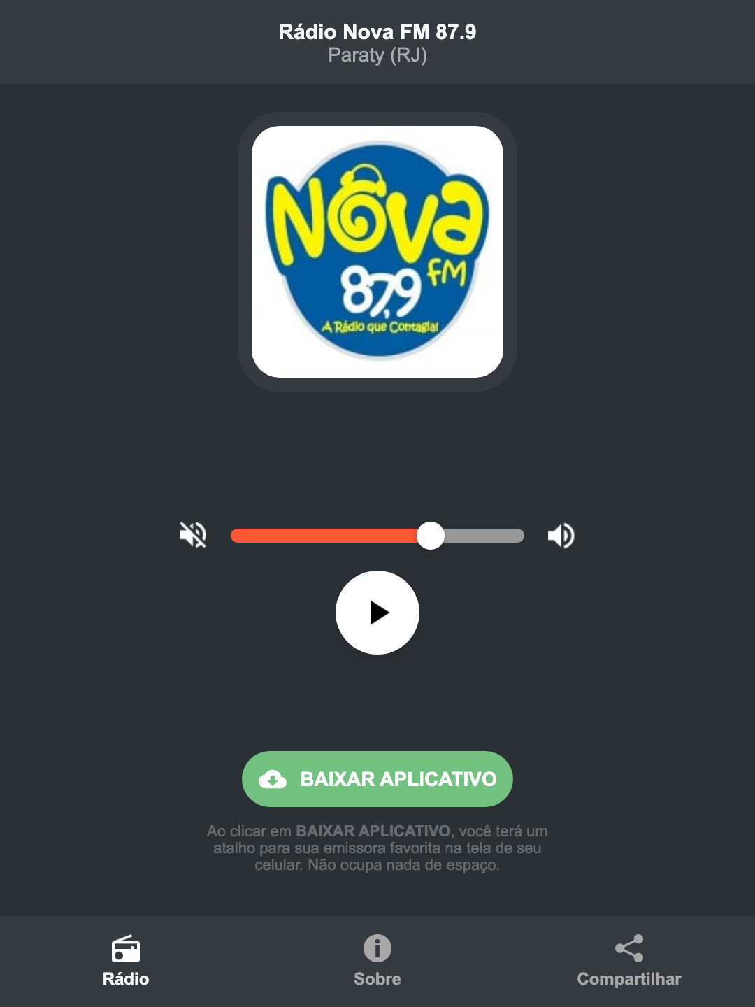 Screenshot do aplicativo da Rádio Nova FM 87.9