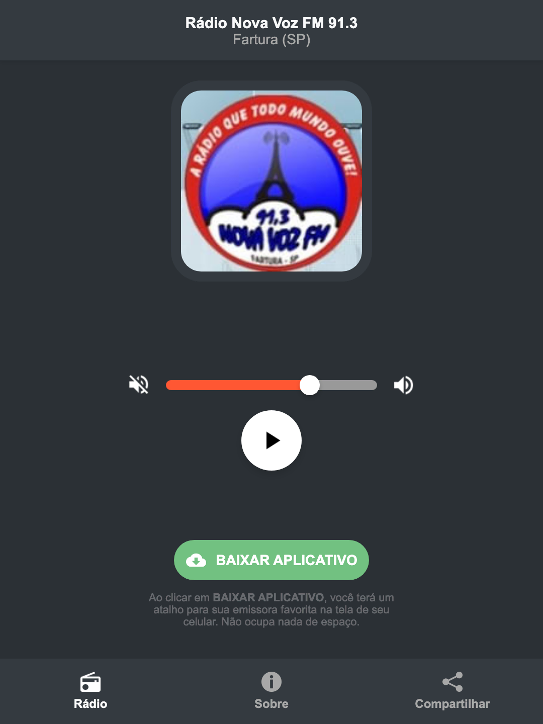 Screenshot do aplicativo da Rádio Nova Voz FM 91.3