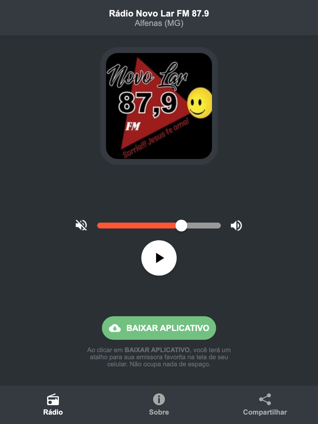Screenshot do aplicativo da Rádio Novo Lar FM 87.9