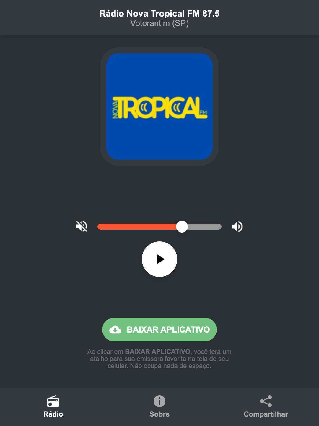 Screenshot do aplicativo da Rádio Nova Tropical FM 87.5