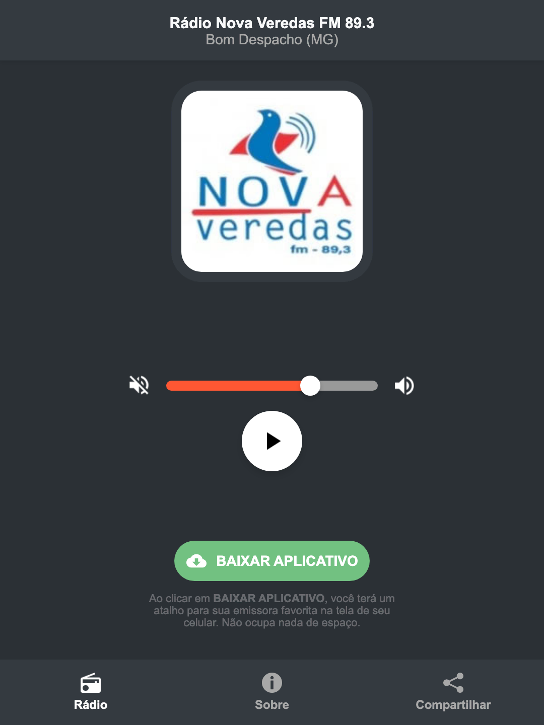 Screenshot do aplicativo da Rádio Nova Veredas FM 89.3
