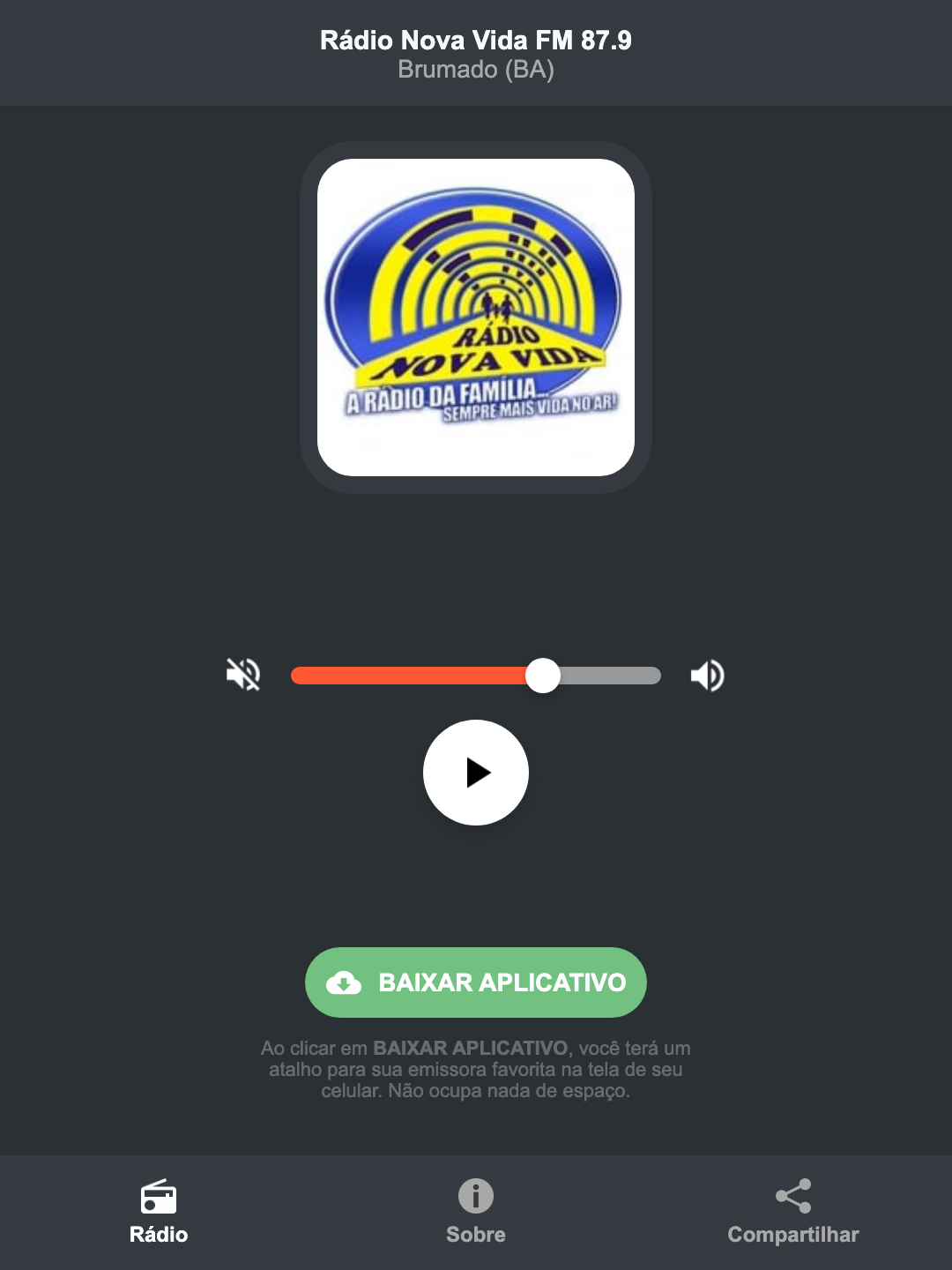 Screenshot do aplicativo da Rádio Nova Vida FM 87.9