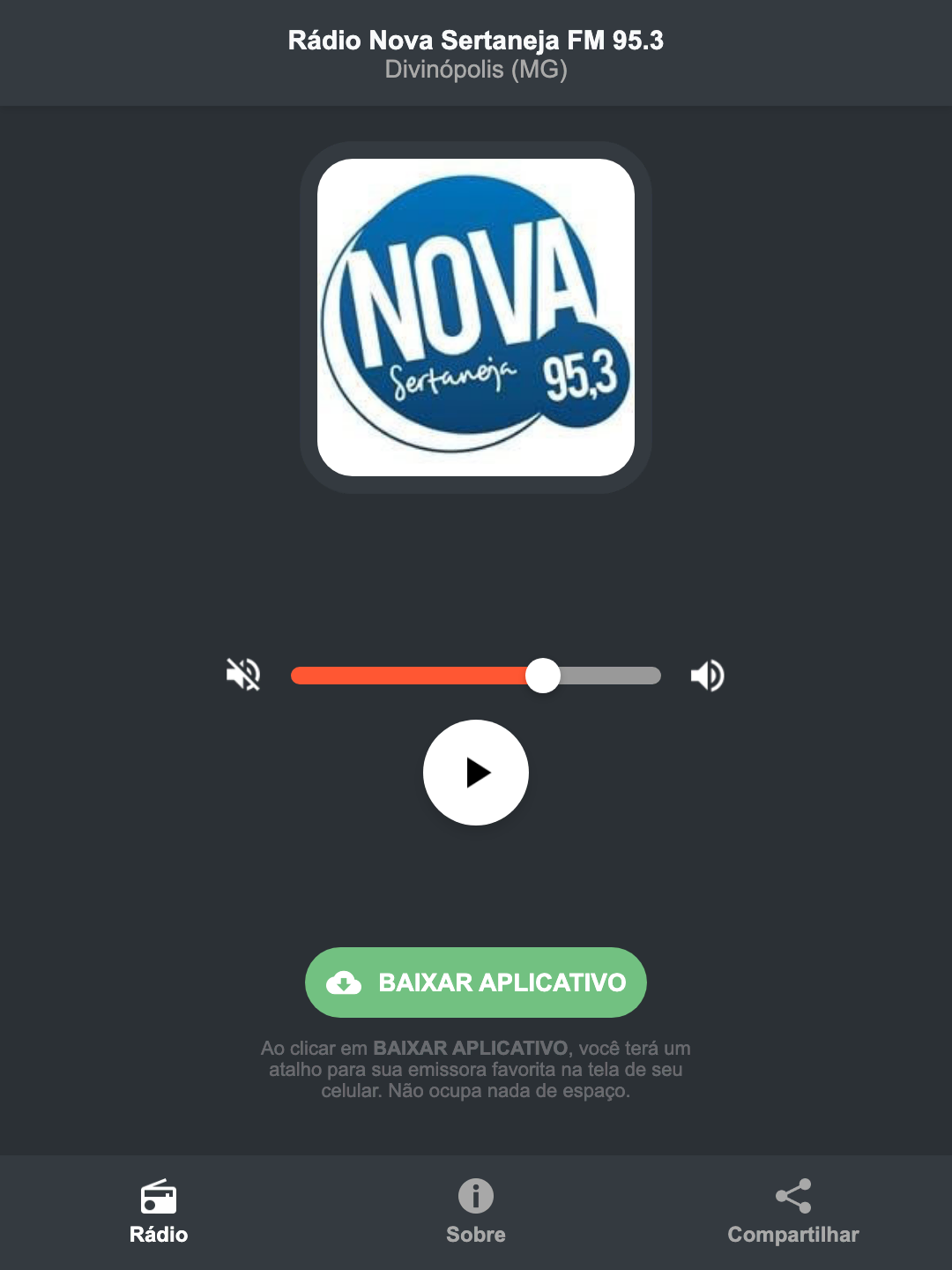 Screenshot do aplicativo da Rádio Nova Sertaneja FM 95.3