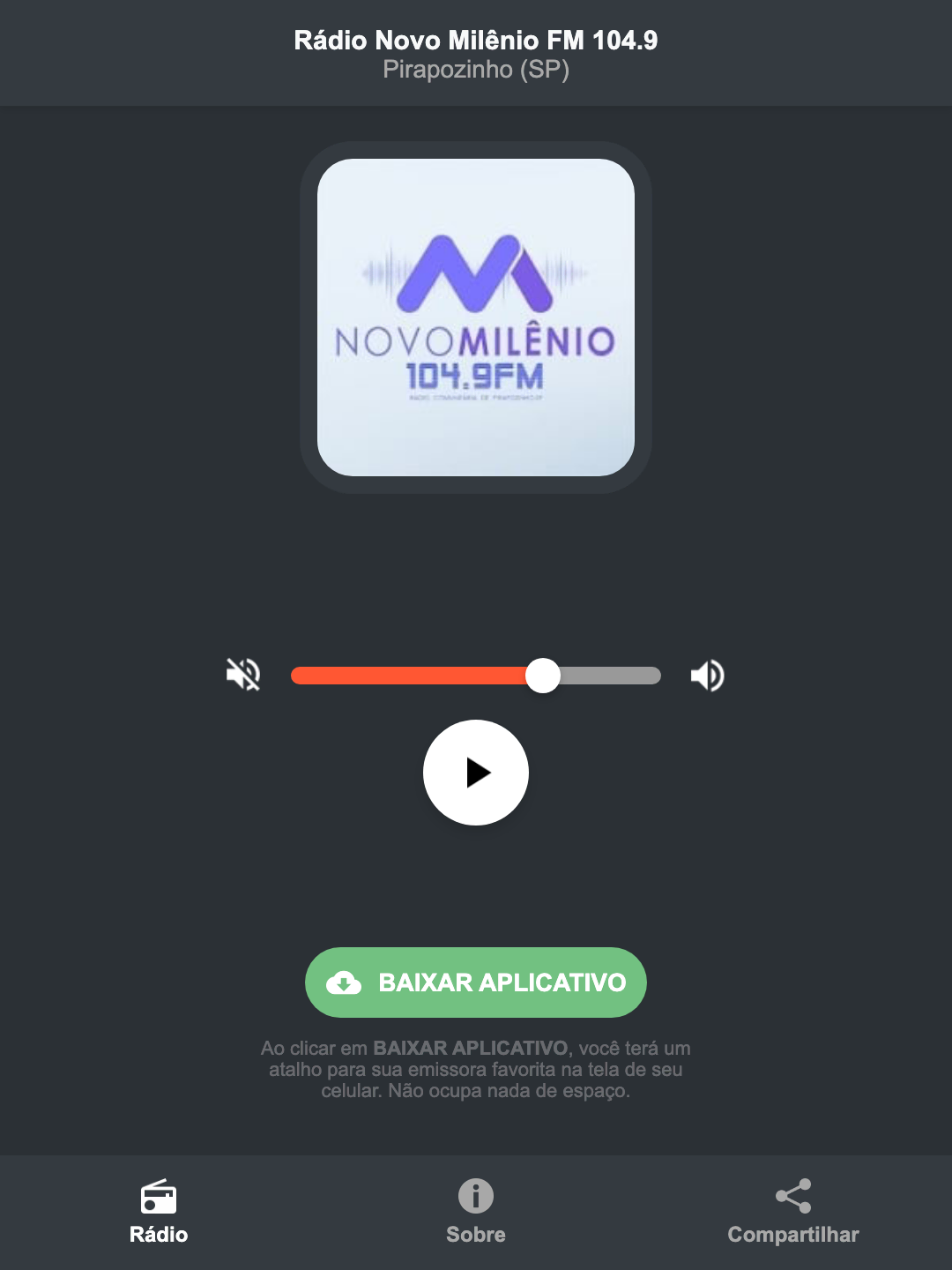 Screenshot do aplicativo da Rádio Novo Milênio FM 104.9