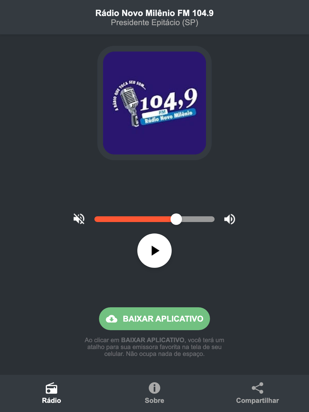 Screenshot do aplicativo da Rádio Novo Milênio FM 104.9
