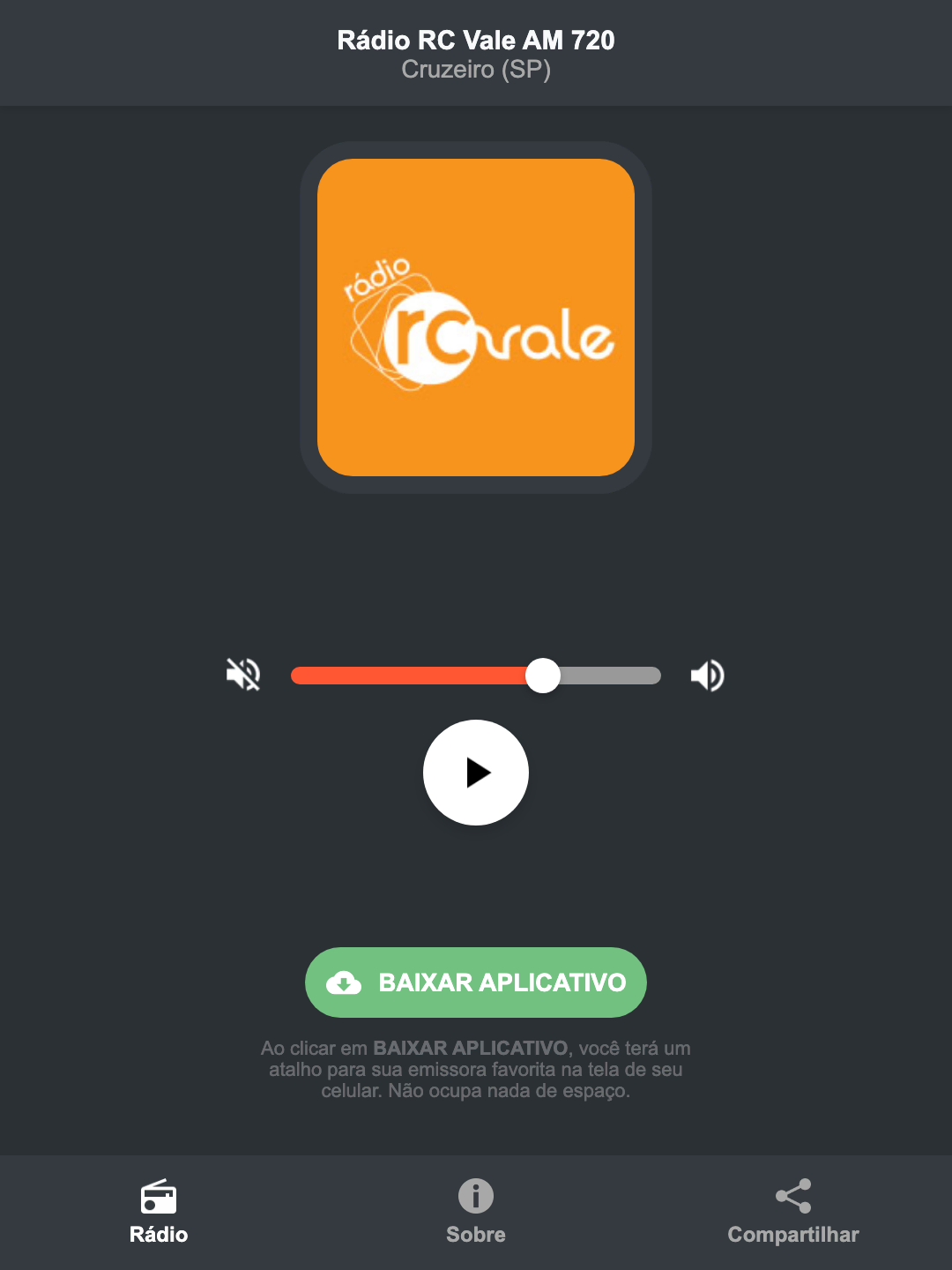 Screenshot do aplicativo da Rádio RC Vale AM 720