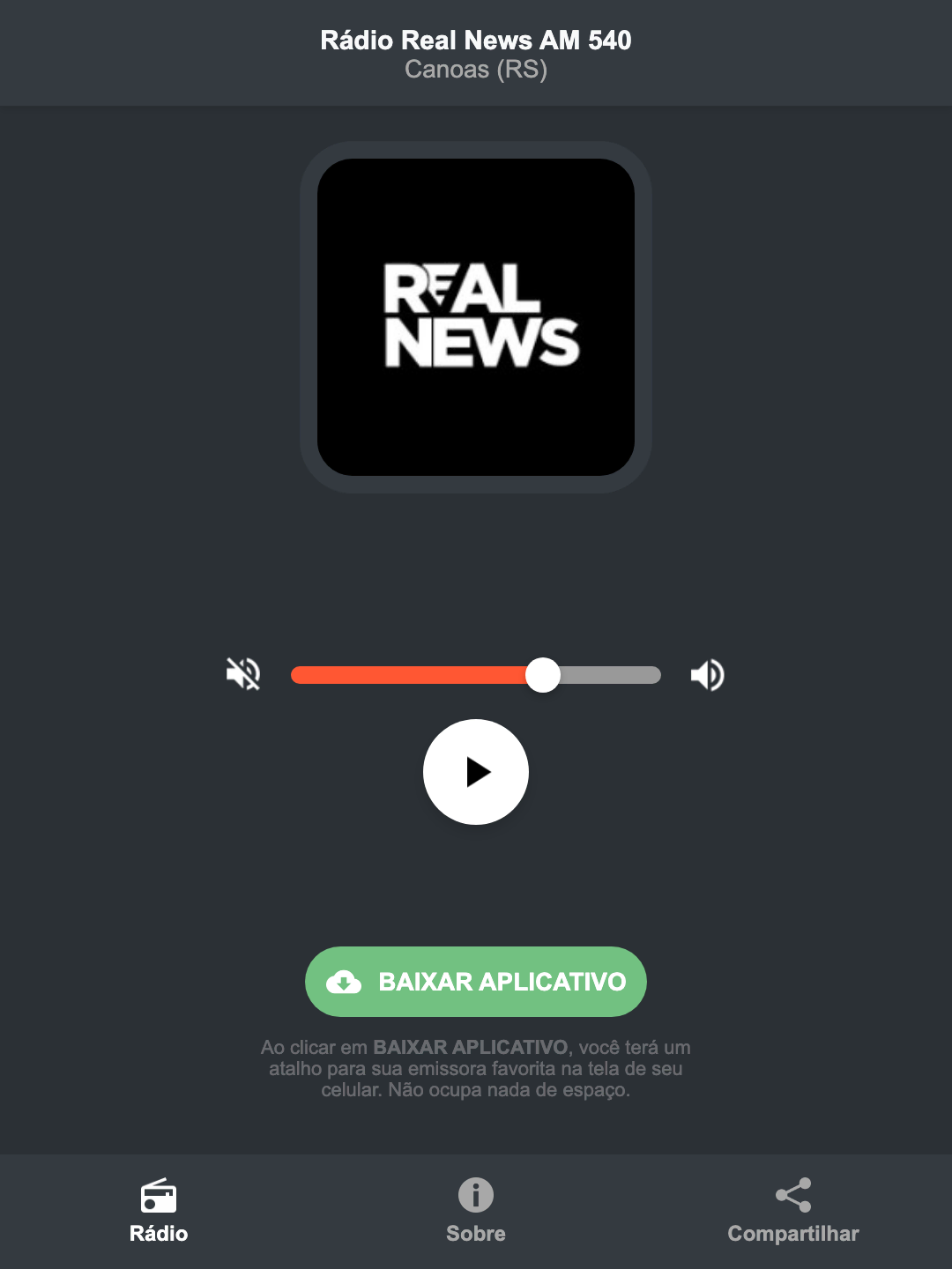 Screenshot do aplicativo da Rádio Real News AM 540