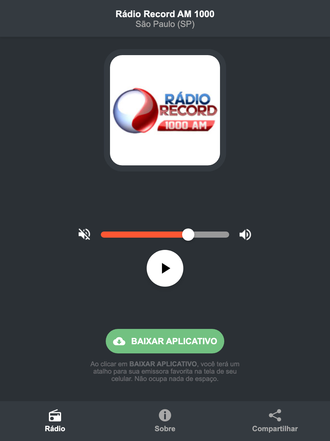 Screenshot do aplicativo da Rádio Record AM 1000