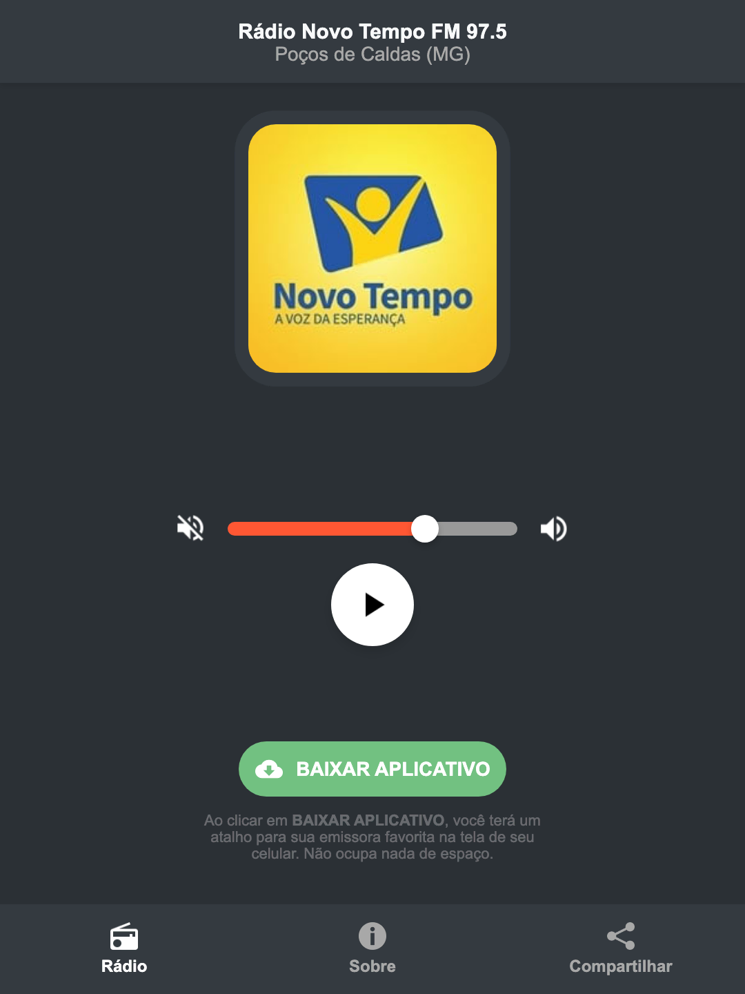 Screenshot do aplicativo da Rádio Novo Tempo FM 97.5