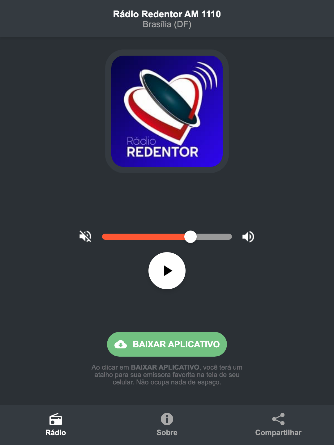 Screenshot do aplicativo da Rádio Redentor AM 1110