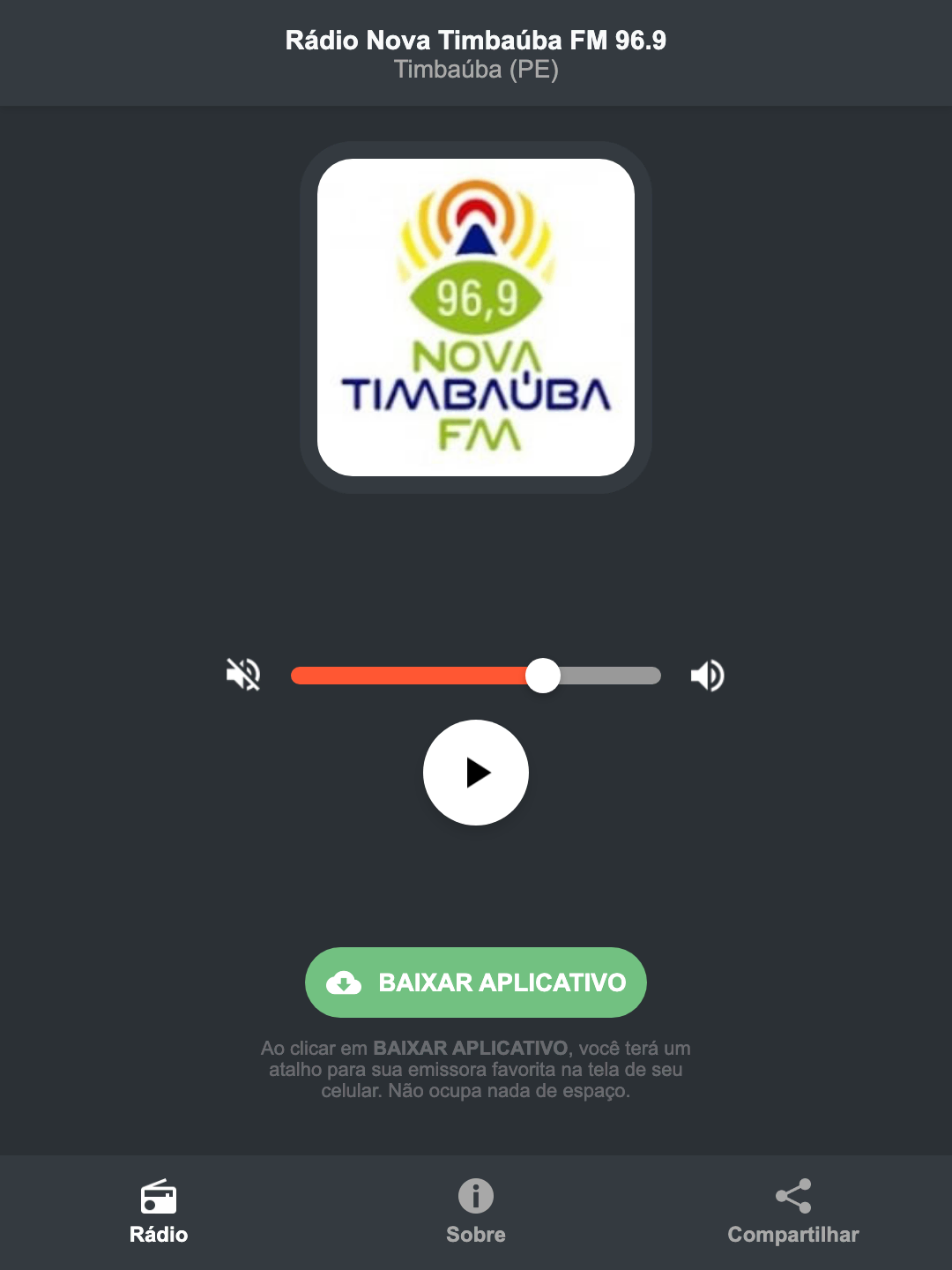 Screenshot do aplicativo da Rádio Nova Timbaúba FM 96.9