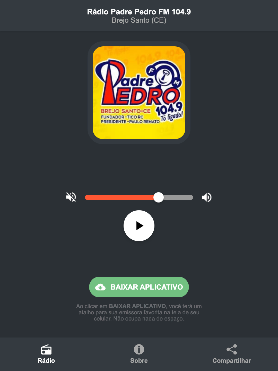 Screenshot do aplicativo da Rádio Padre Pedro FM 104.9