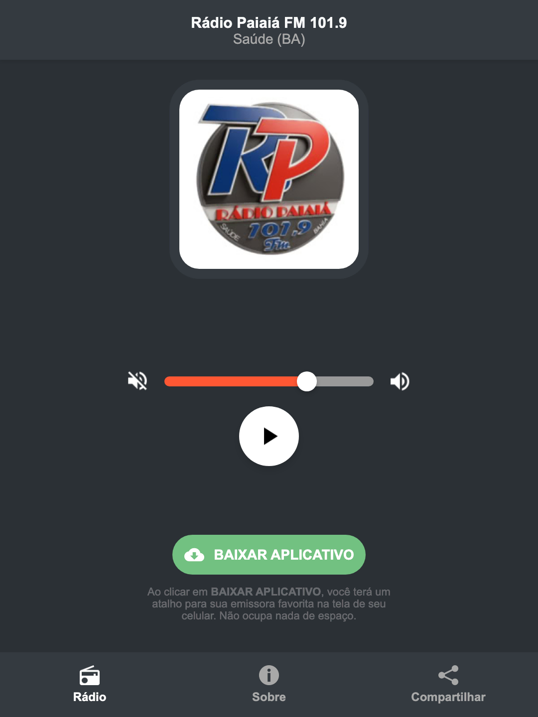 Screenshot do aplicativo da Rádio Paiaiá FM 101.9