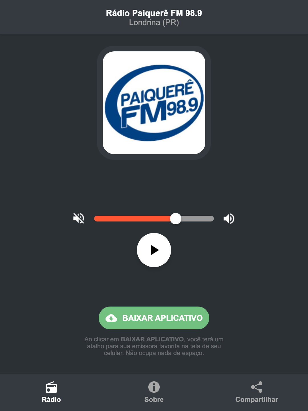 Screenshot do aplicativo da Rádio Paiquerê FM 98.9