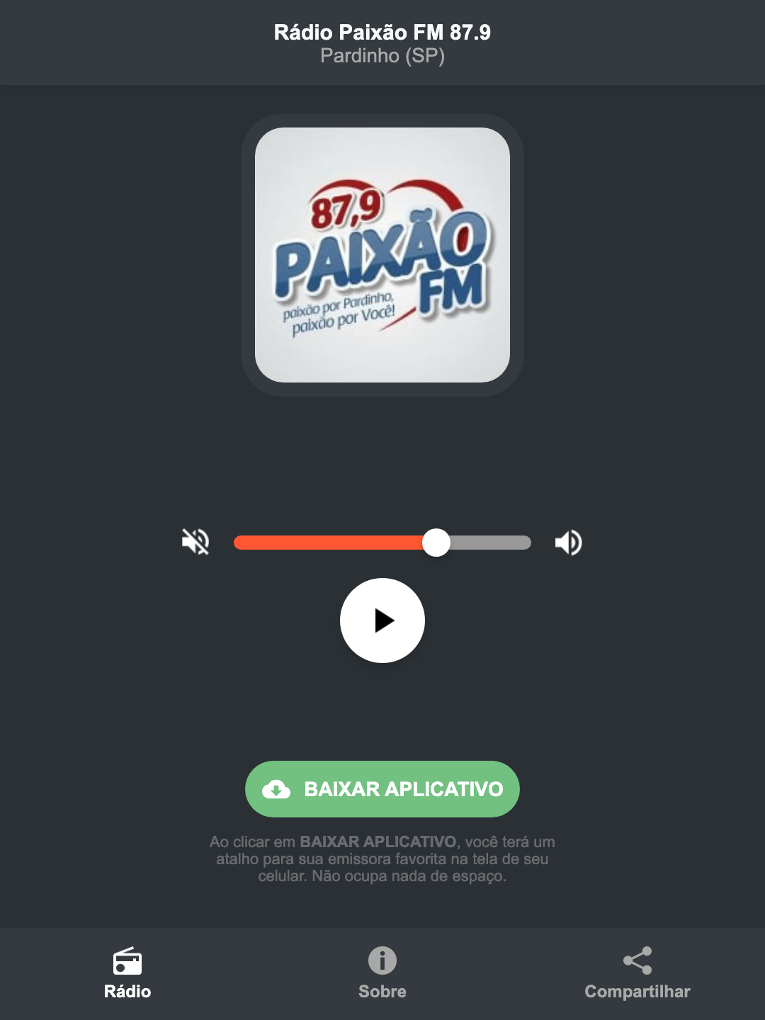 Screenshot do aplicativo da Rádio Paixão FM 87.9