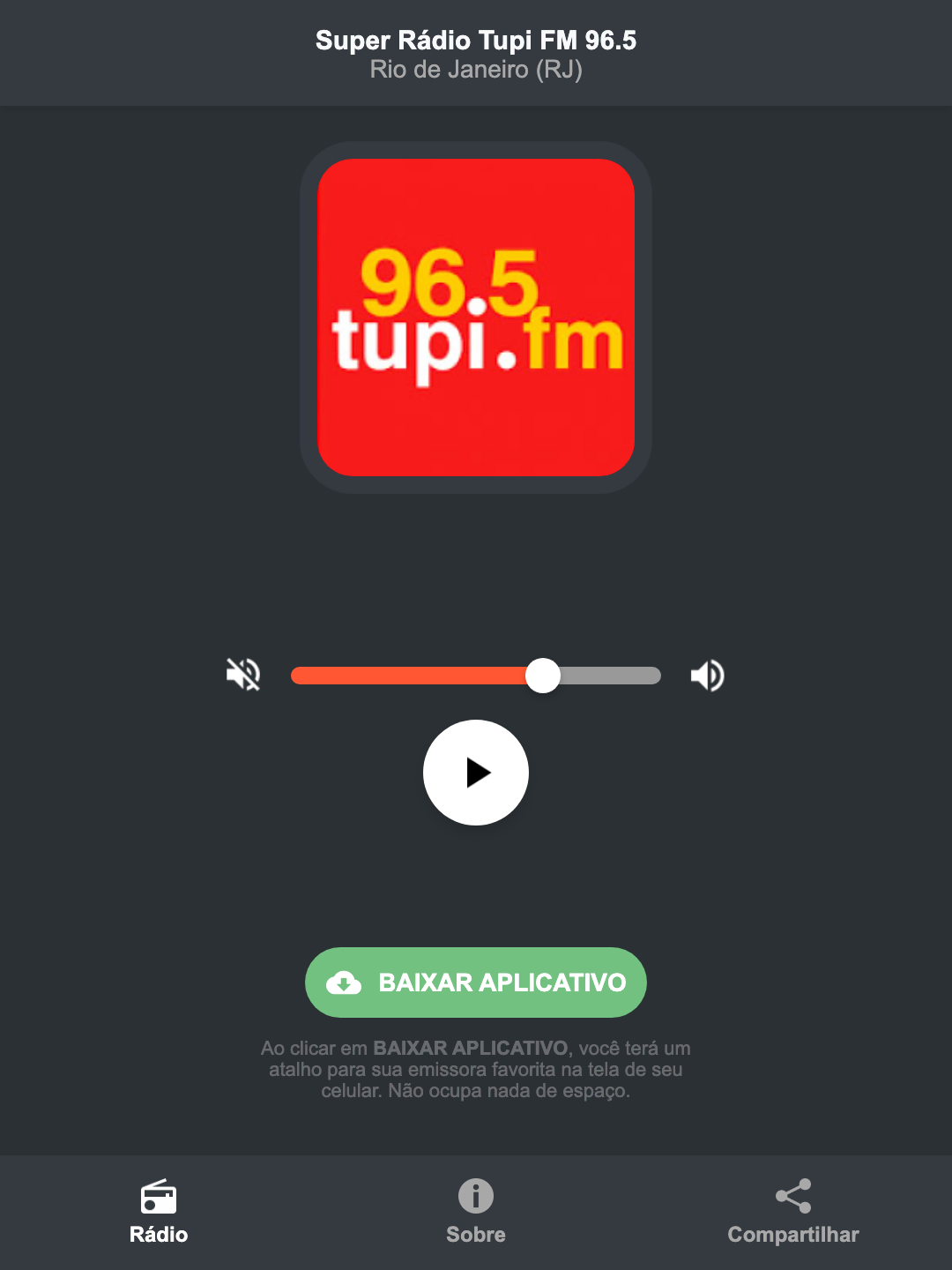 Screenshot do aplicativo da Super Rádio Tupi FM 96.5