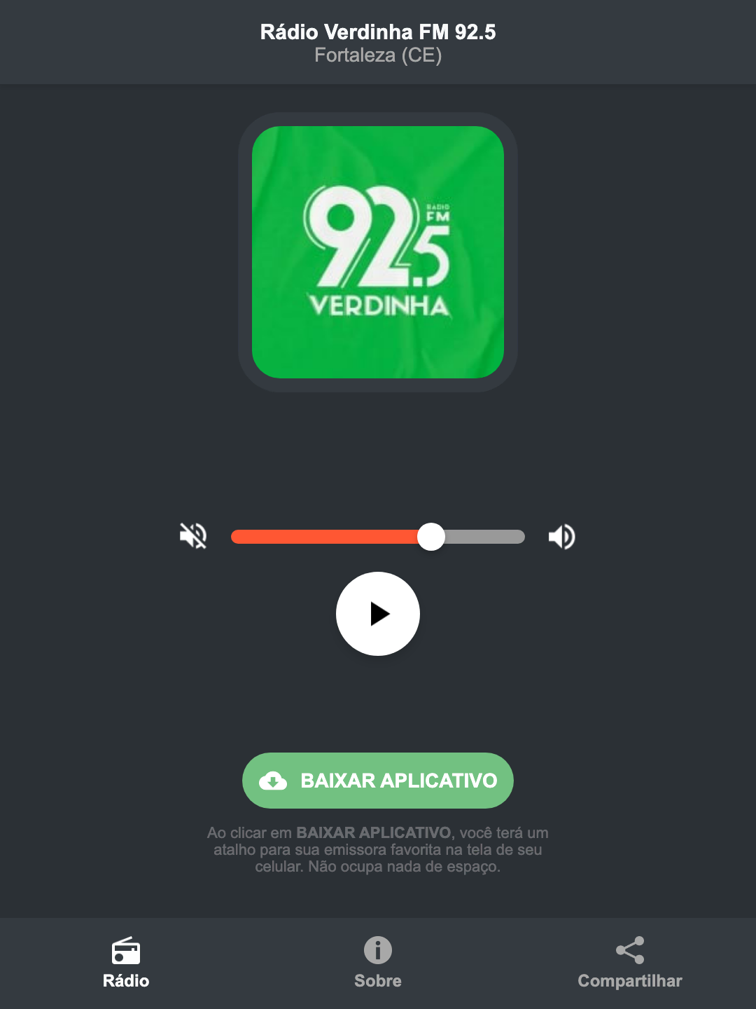 Screenshot do aplicativo da Rádio Verdinha FM 92.5