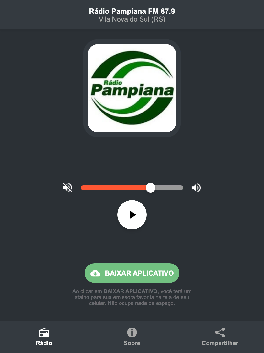 Screenshot do aplicativo da Rádio Pampiana FM 87.9