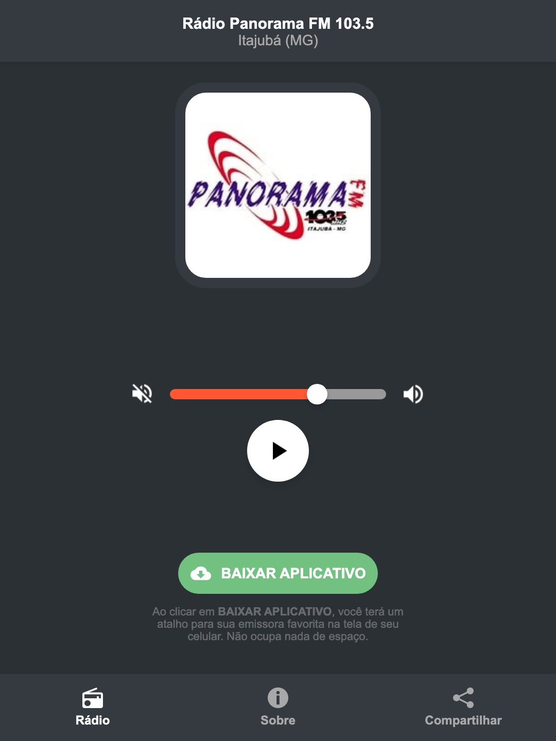 Screenshot do aplicativo da Rádio Panorama FM 103.5