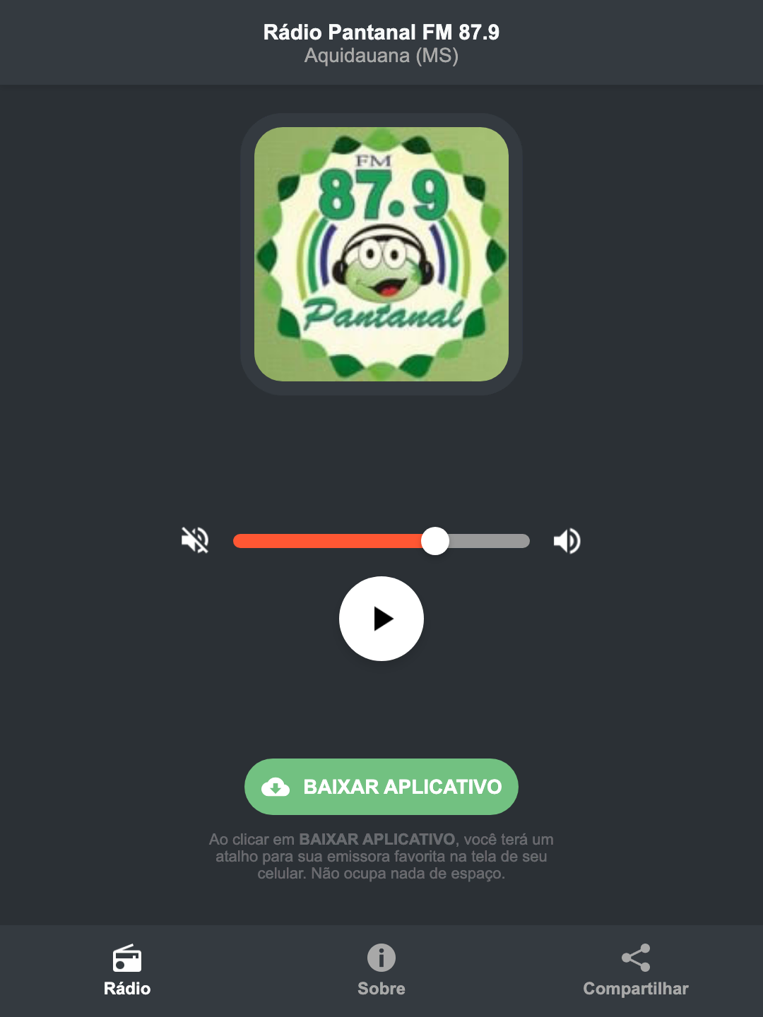 Screenshot do aplicativo da Rádio Pantanal FM 87.9