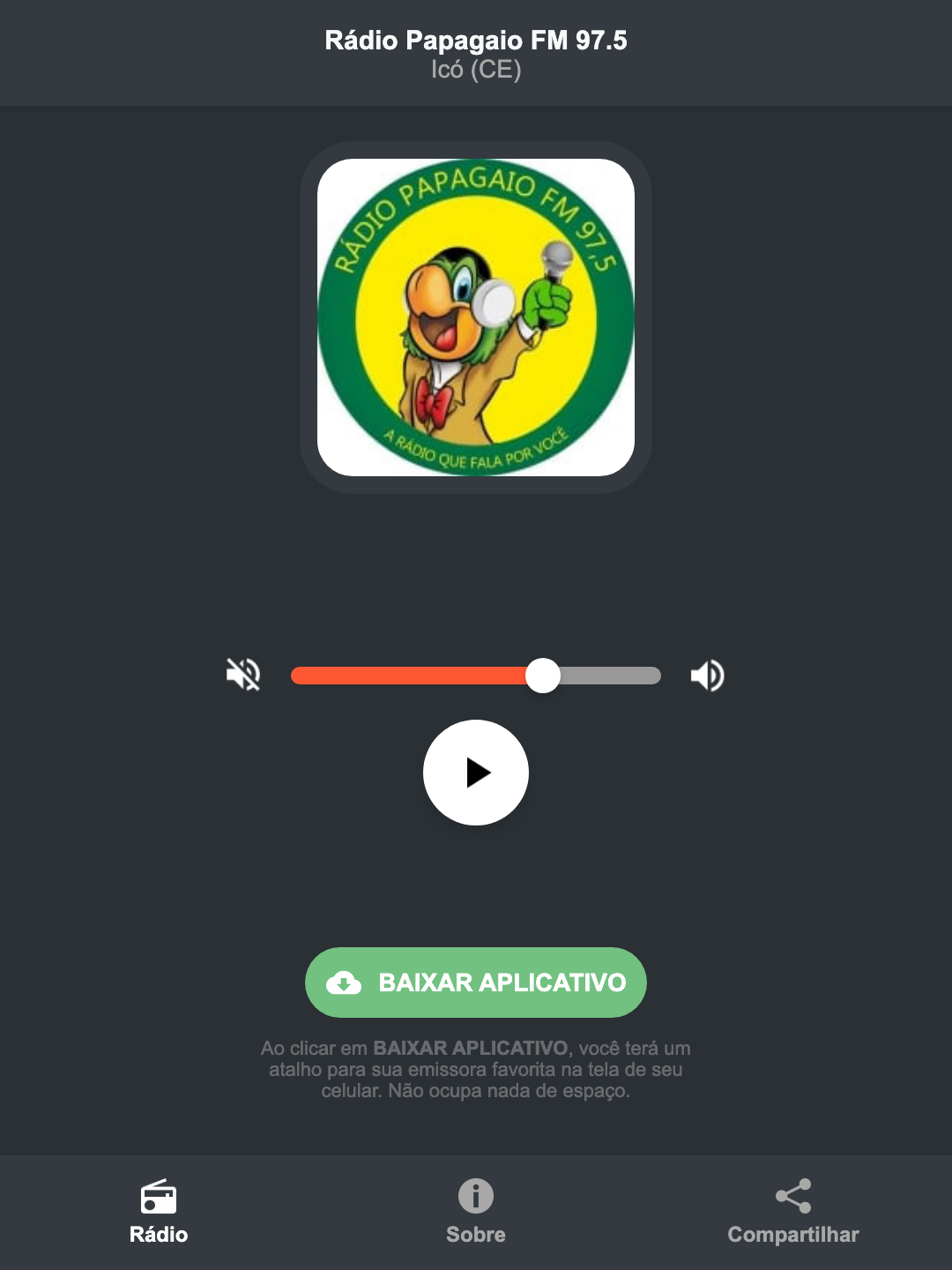 Screenshot do aplicativo da Rádio Papagaio FM 97.5