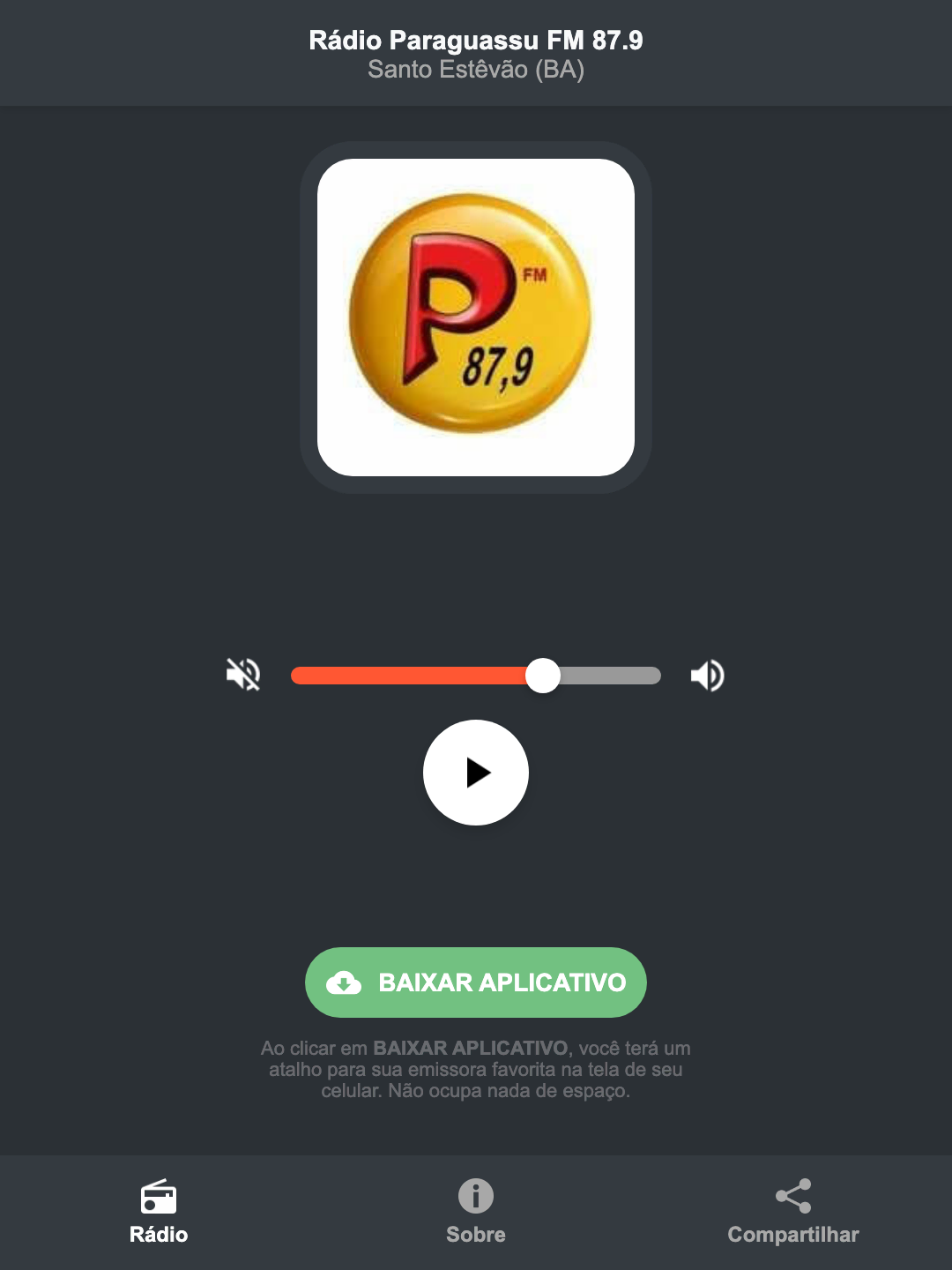Screenshot do aplicativo da Rádio Paraguassu FM 87.9