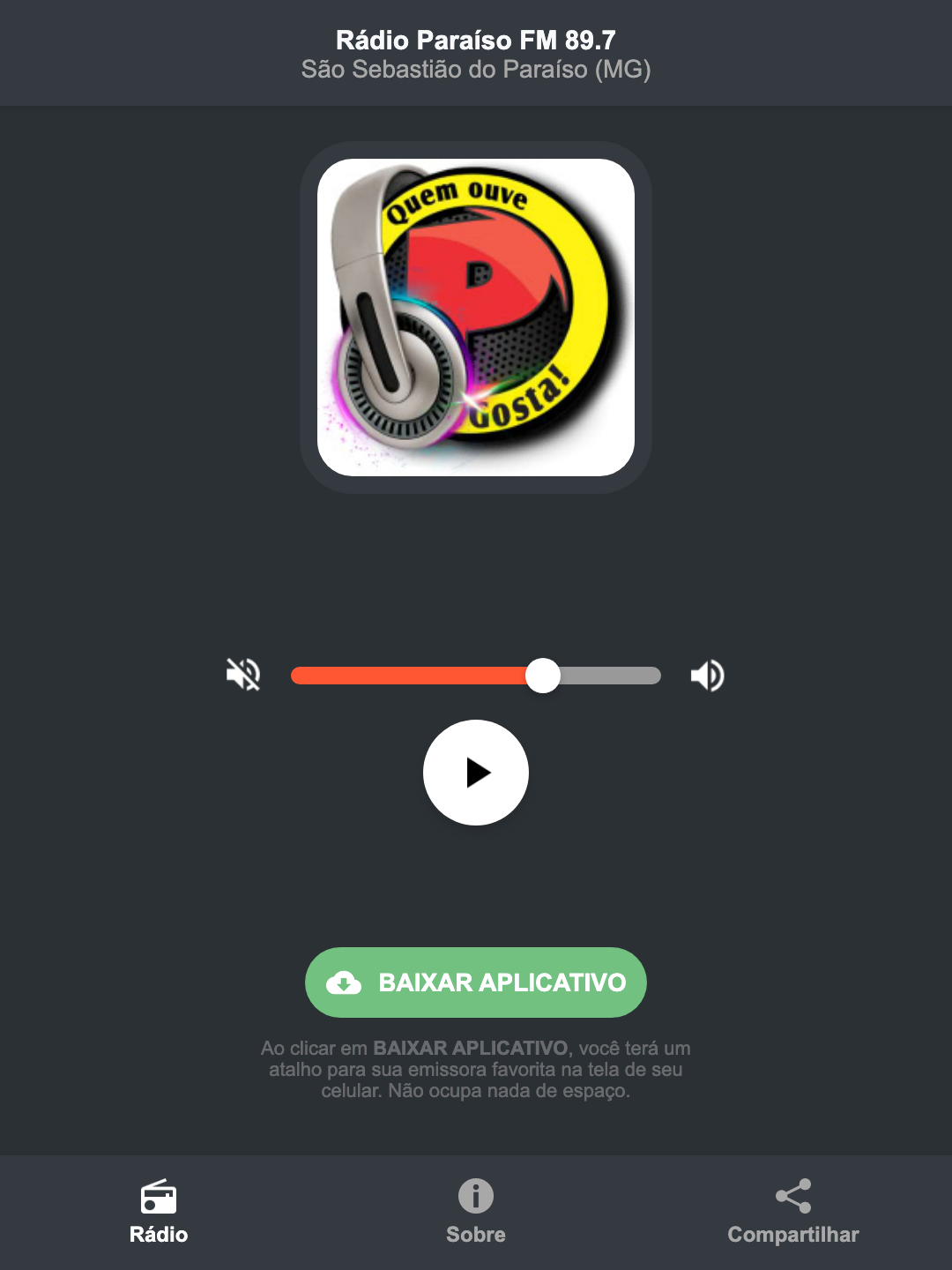 Screenshot do aplicativo da Rádio Paraíso FM 89.7