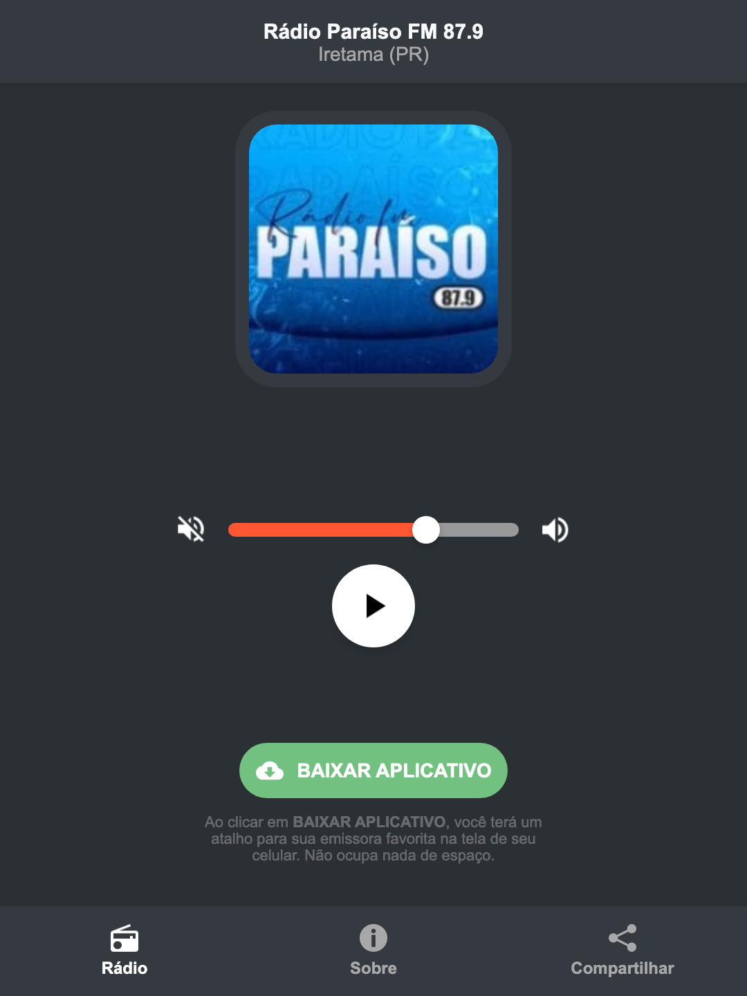 Screenshot do aplicativo da Rádio Paraíso FM 87.9