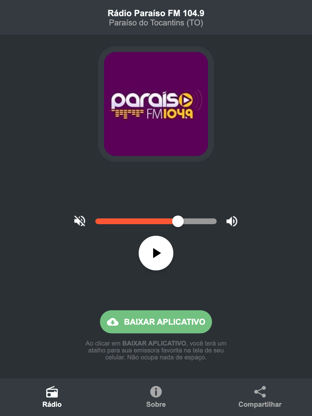 Screenshot do aplicativo da Rádio Paraíso FM 104.9