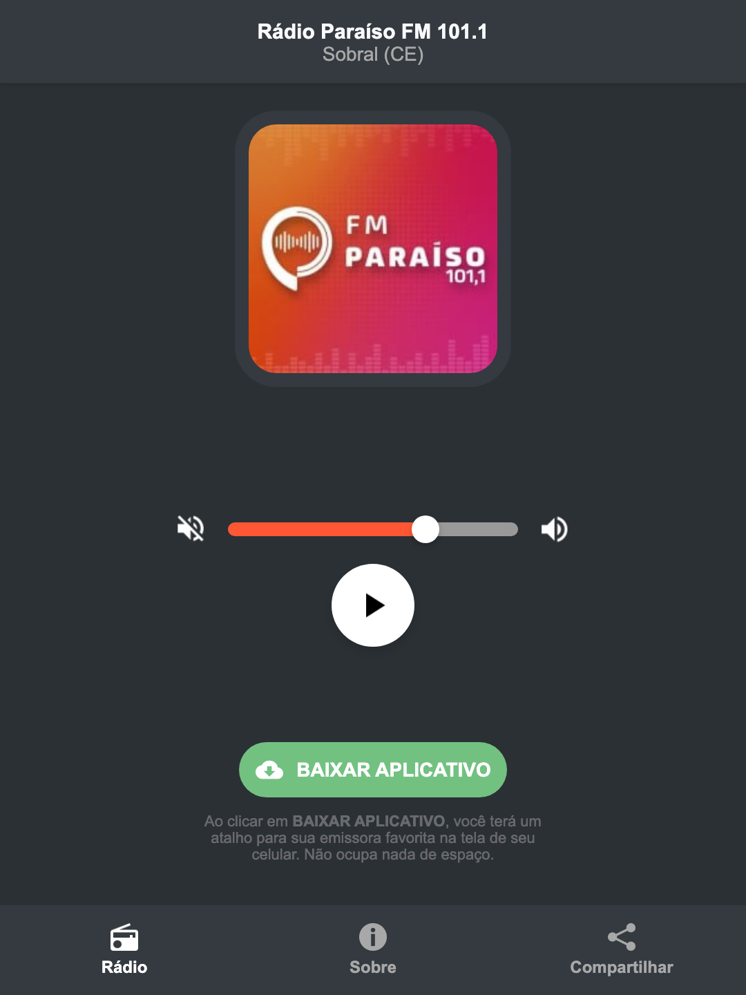 Screenshot do aplicativo da Rádio Paraíso FM 101.1