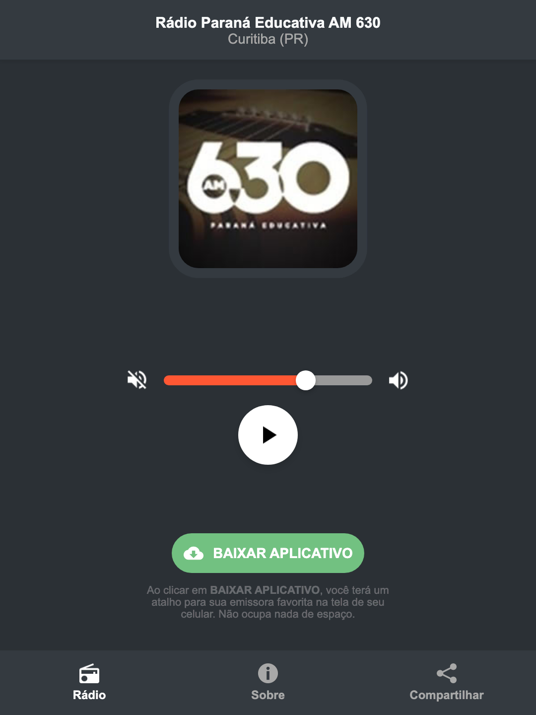 Screenshot do aplicativo da Rádio Paraná Educativa AM 630