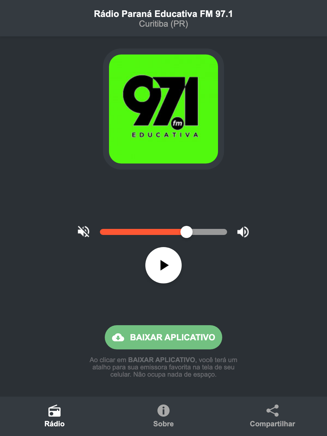 Screenshot do aplicativo da Rádio Paraná Educativa FM 97.1