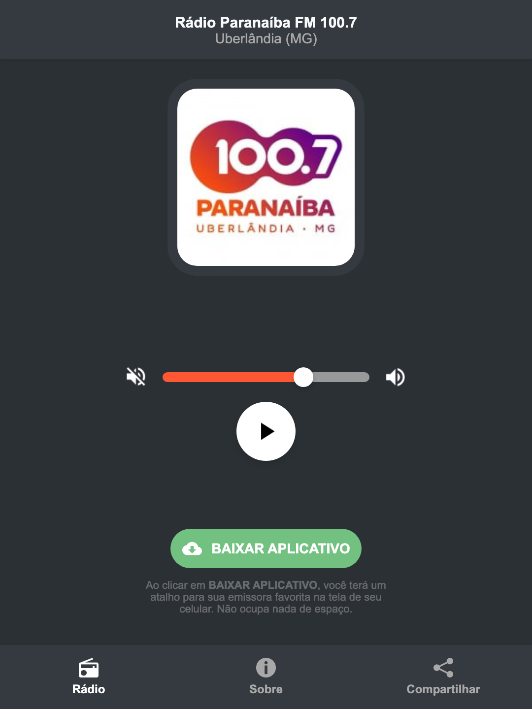 Screenshot do aplicativo da Rádio Paranaíba FM 100.7