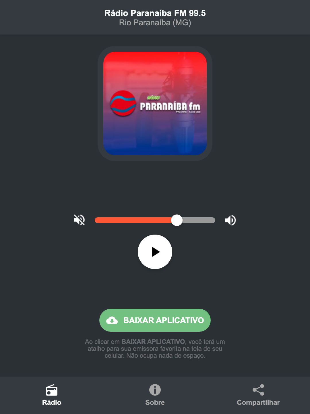 Screenshot do aplicativo da Rádio Paranaíba FM 99.5