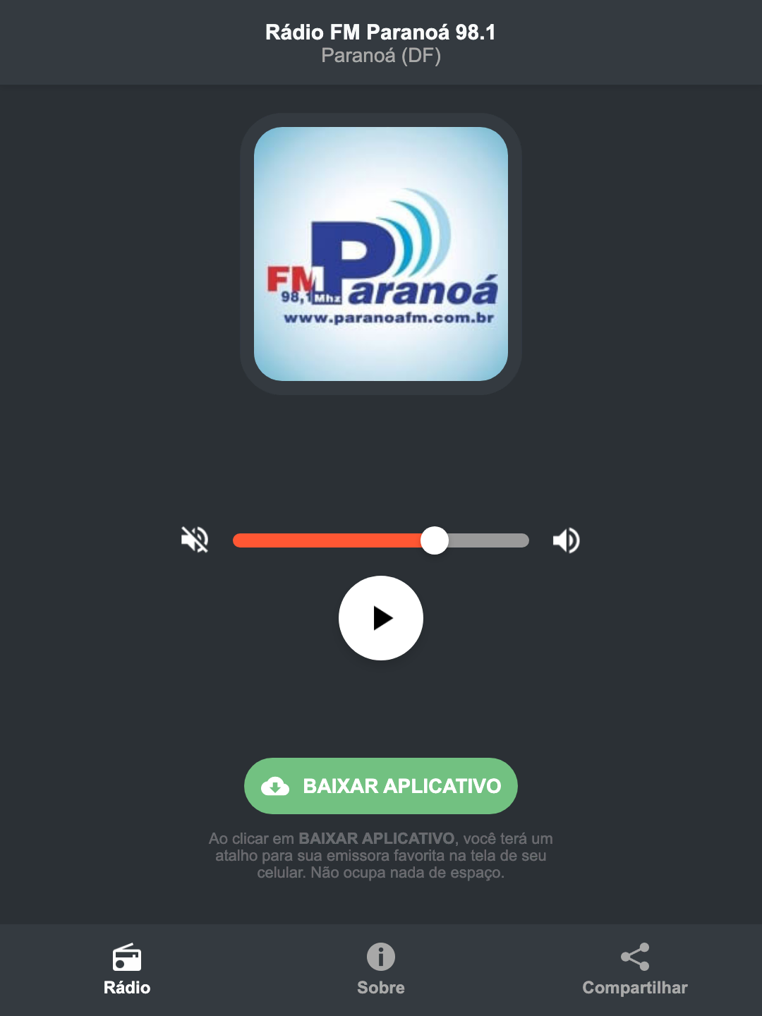 Screenshot do aplicativo da Rádio FM Paranoá 98.1
