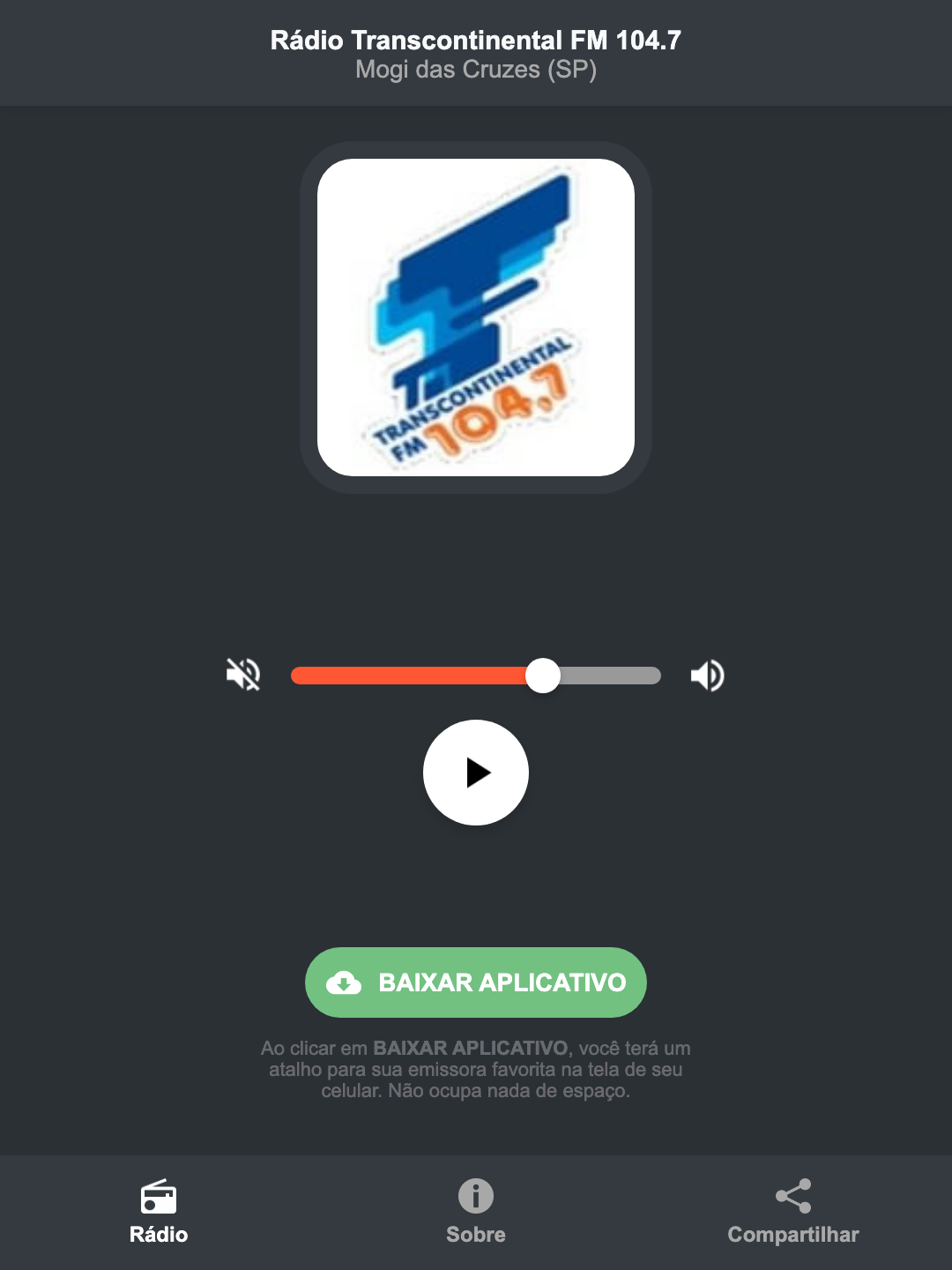 Screenshot do aplicativo da Rádio Transcontinental FM 104.7