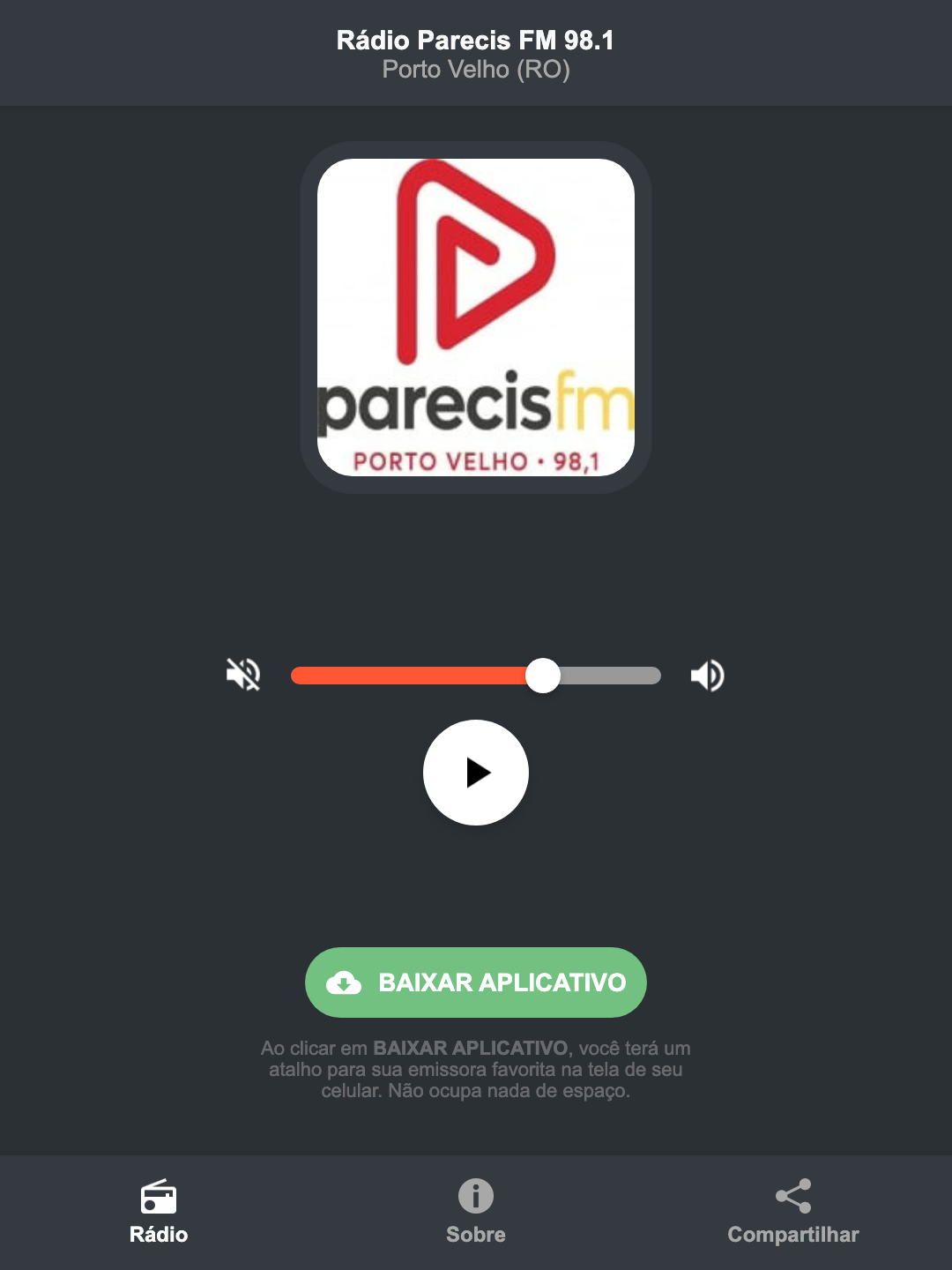 Screenshot do aplicativo da Rádio Parecis FM 98.1