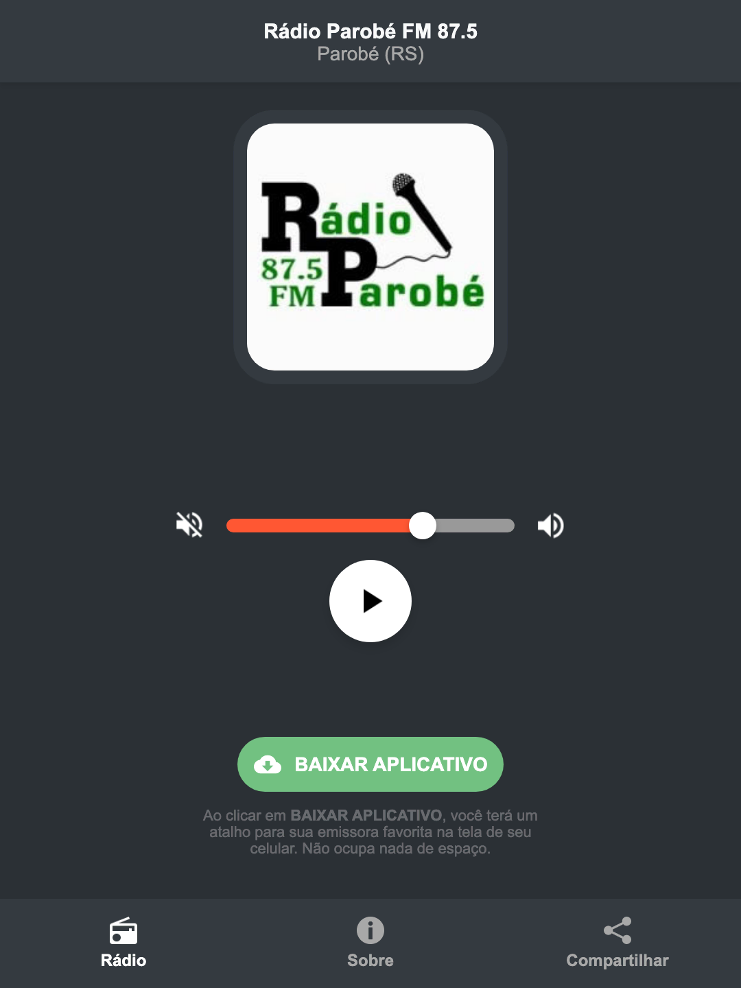 Screenshot do aplicativo da Rádio Parobé FM 87.5