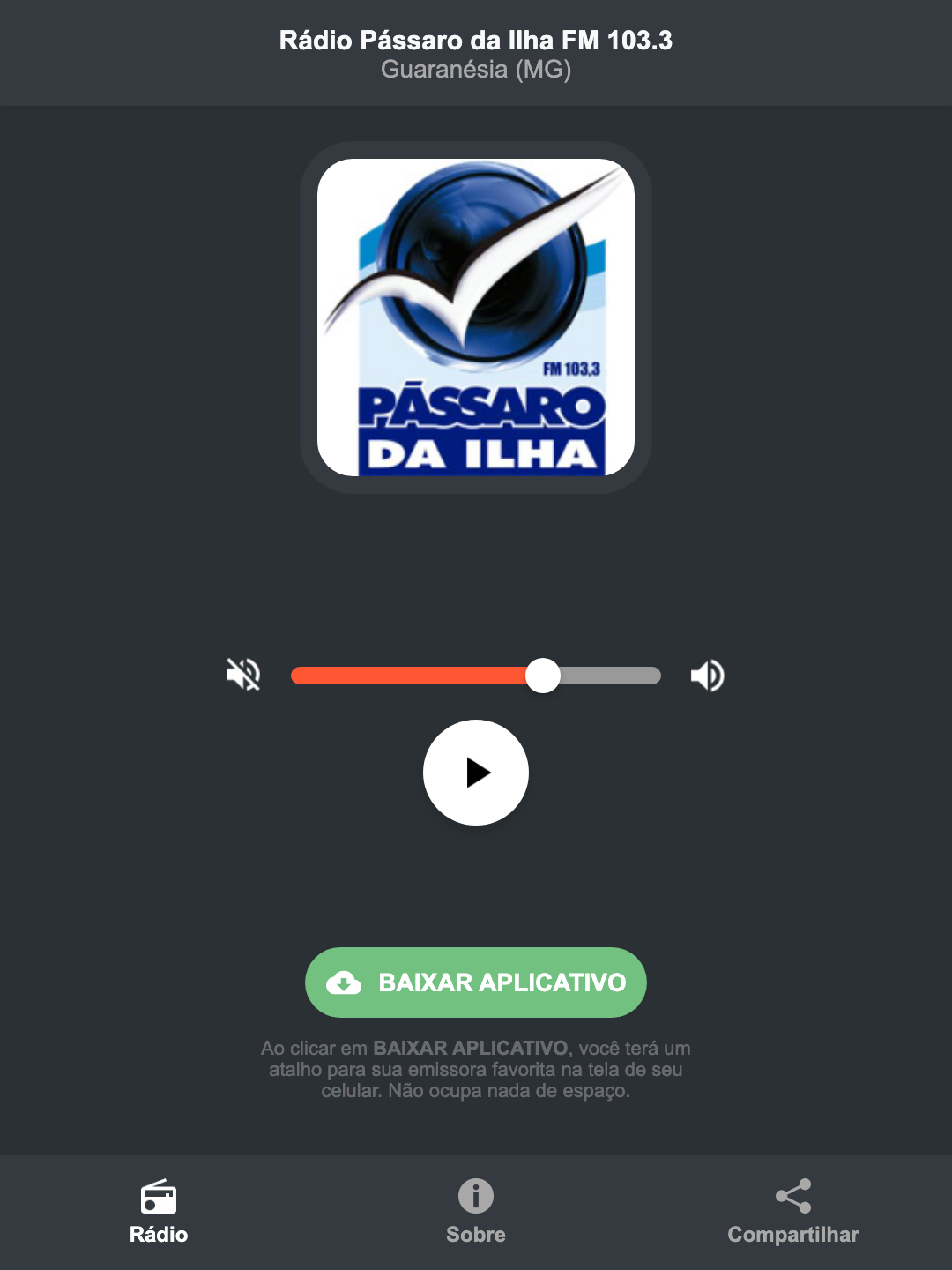 Screenshot do aplicativo da Rádio Pássaro da Ilha FM 103.3