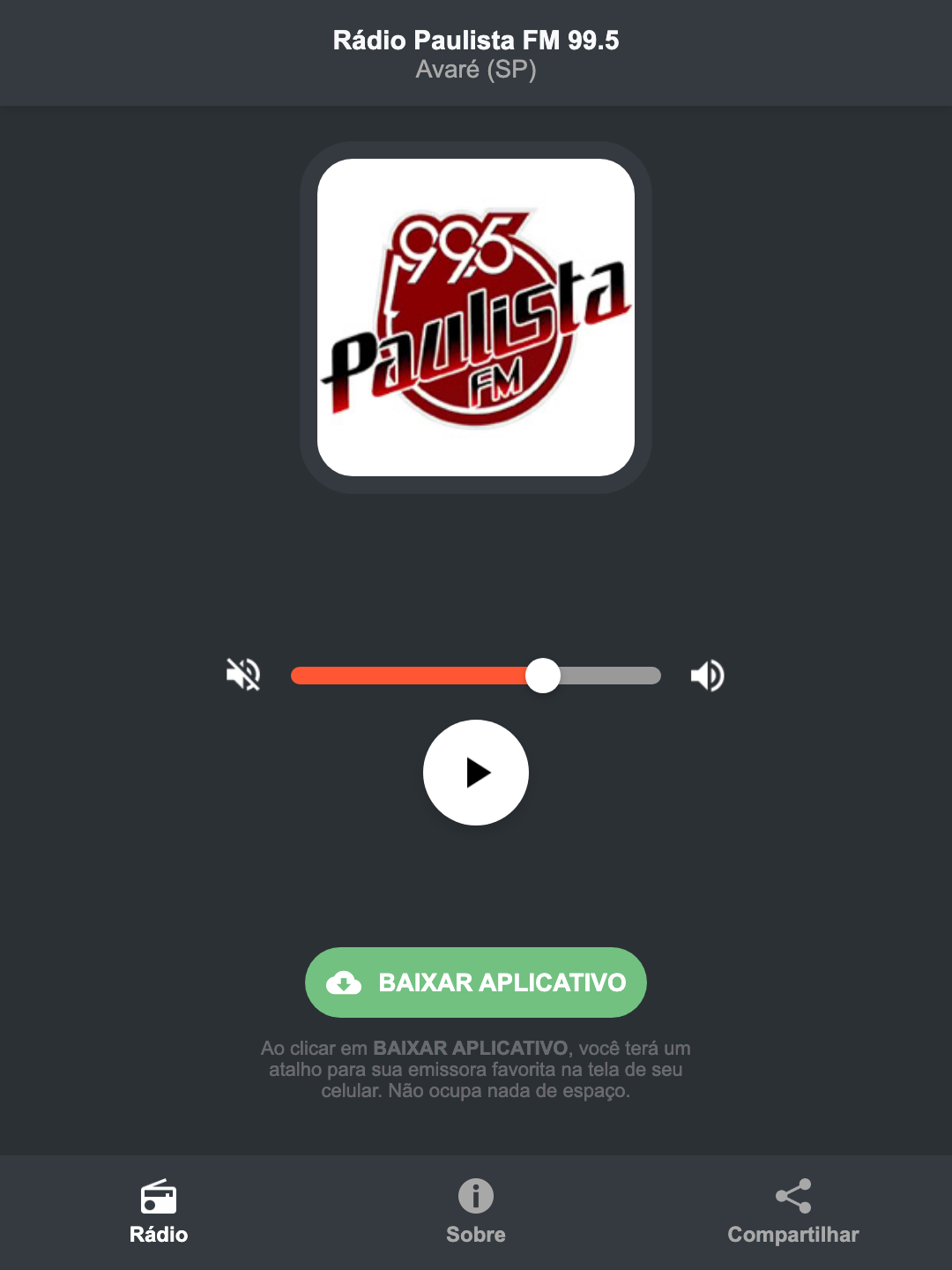 Screenshot do aplicativo da Rádio Paulista FM 99.5