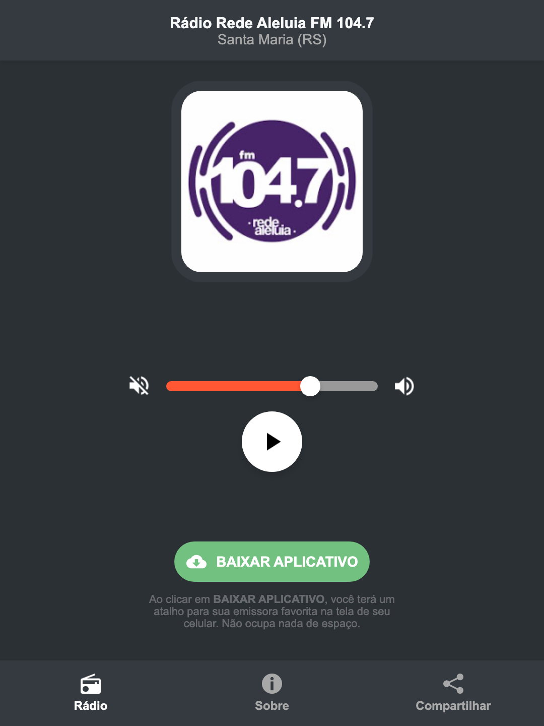 Screenshot do aplicativo da Rádio Rede Aleluia FM 104.7