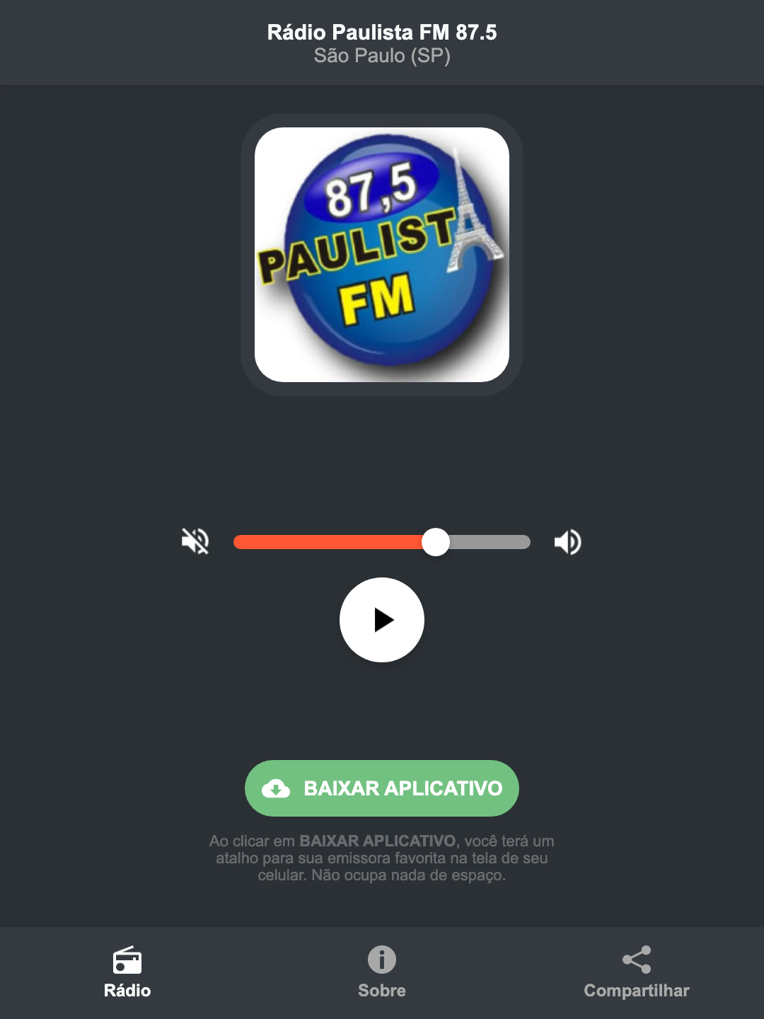 Screenshot do aplicativo da Rádio Paulista FM 87.5