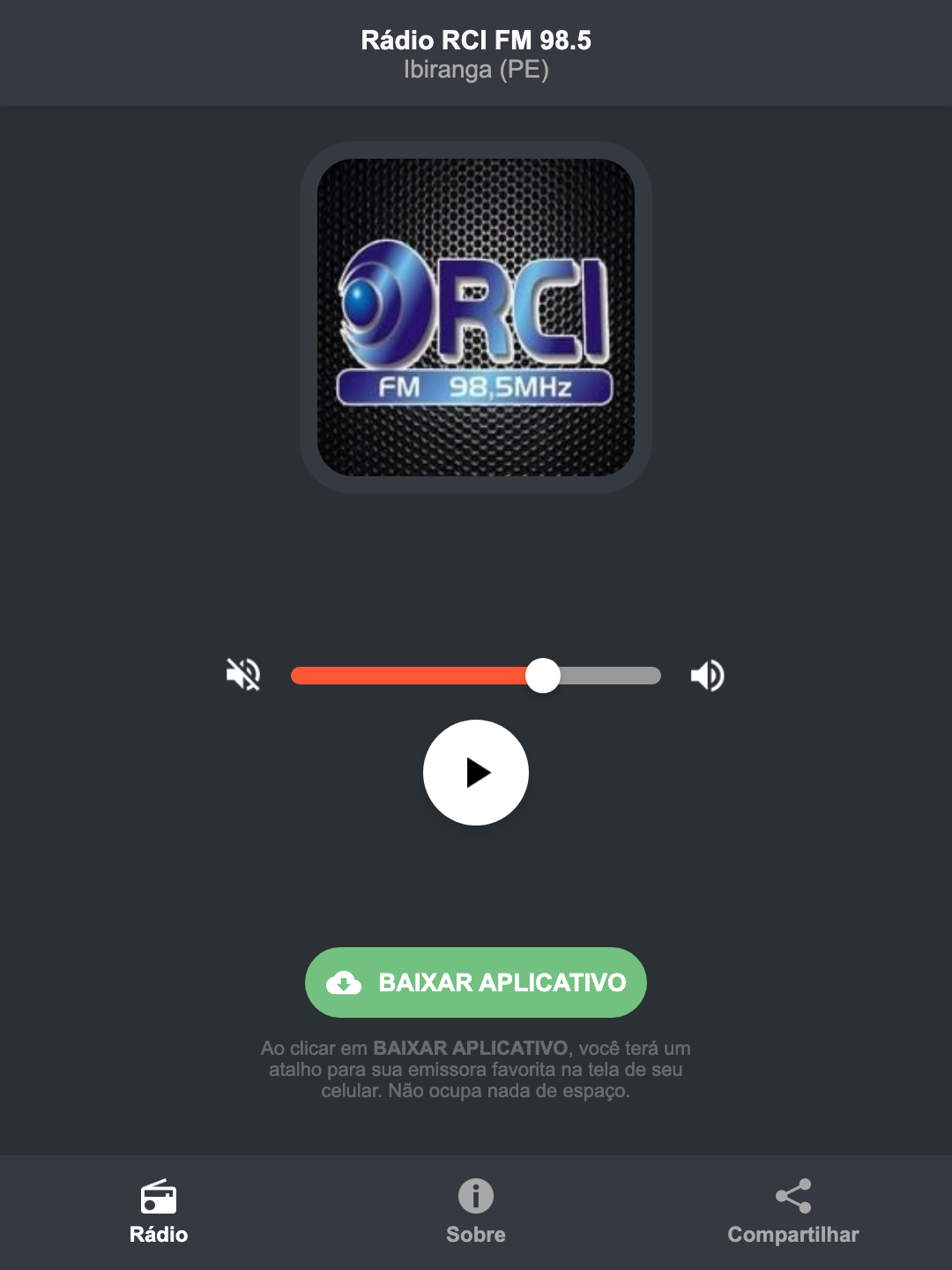 Screenshot do aplicativo da Rádio RCI FM 98.5