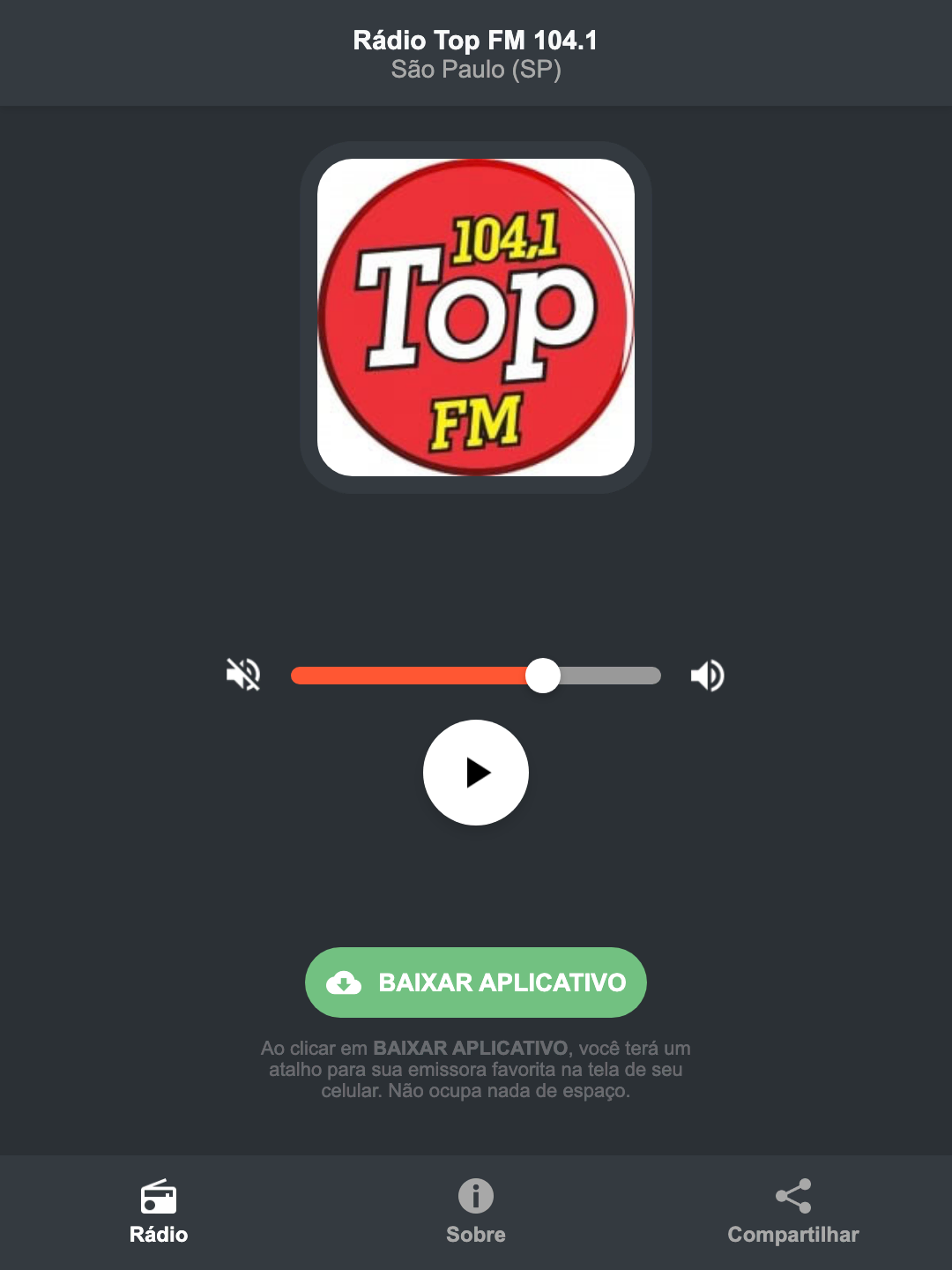 Screenshot do aplicativo da Rádio Top FM 104.1