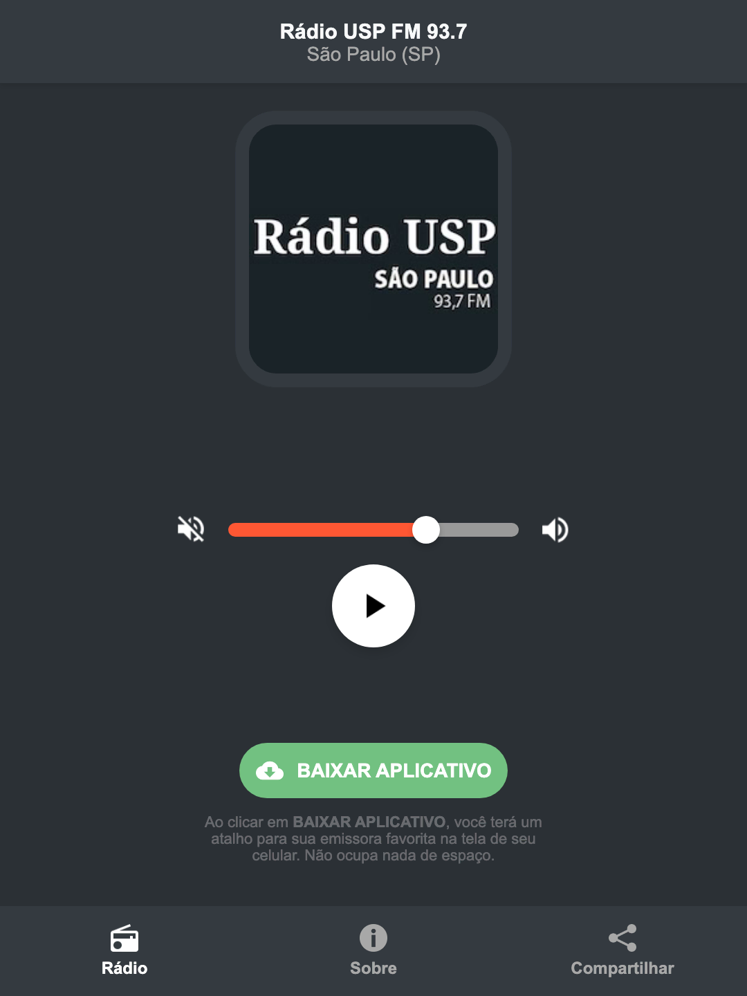 Screenshot do aplicativo da Rádio USP FM 93.7