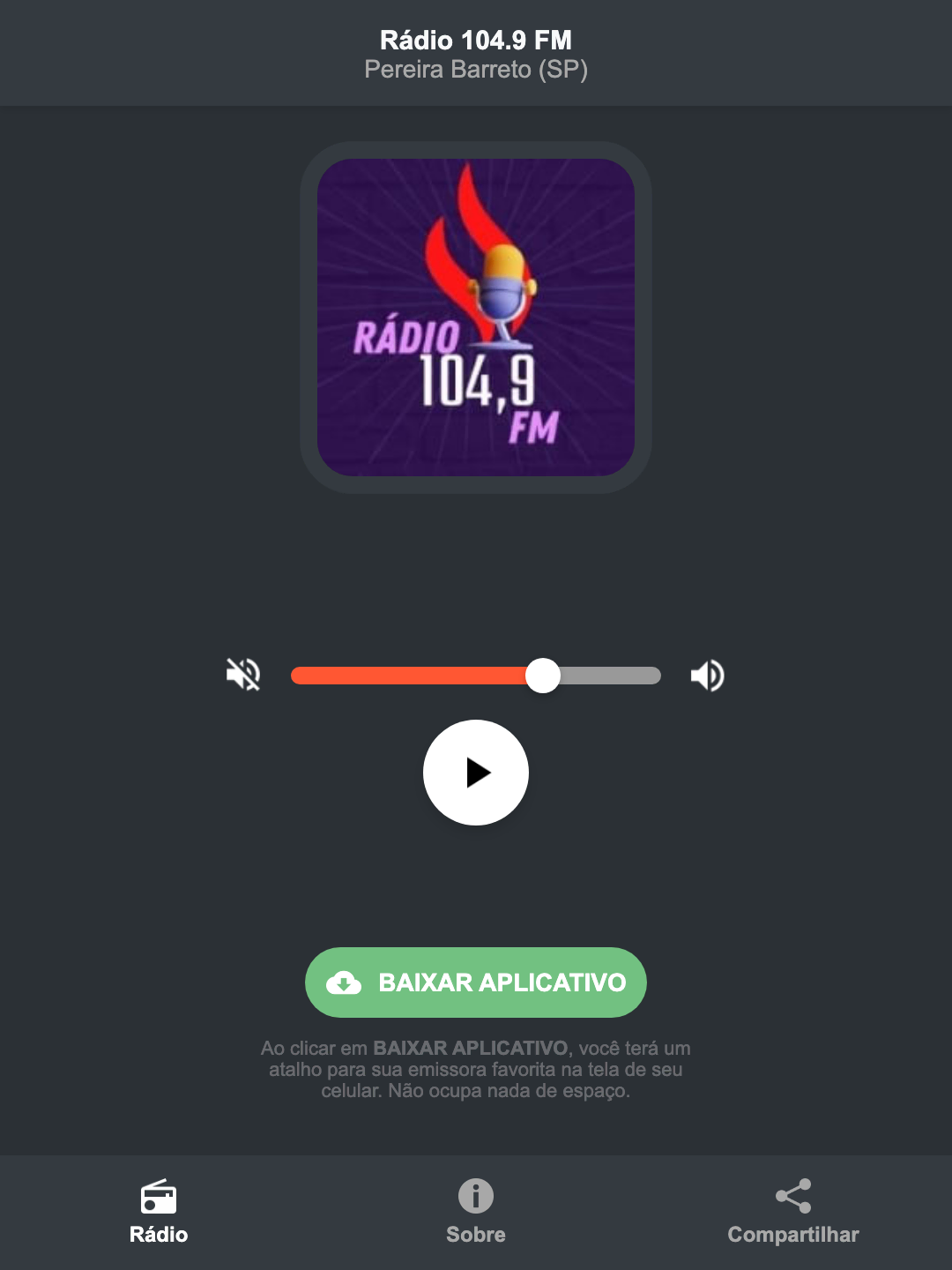 Screenshot do aplicativo da Rádio 104.9 FM