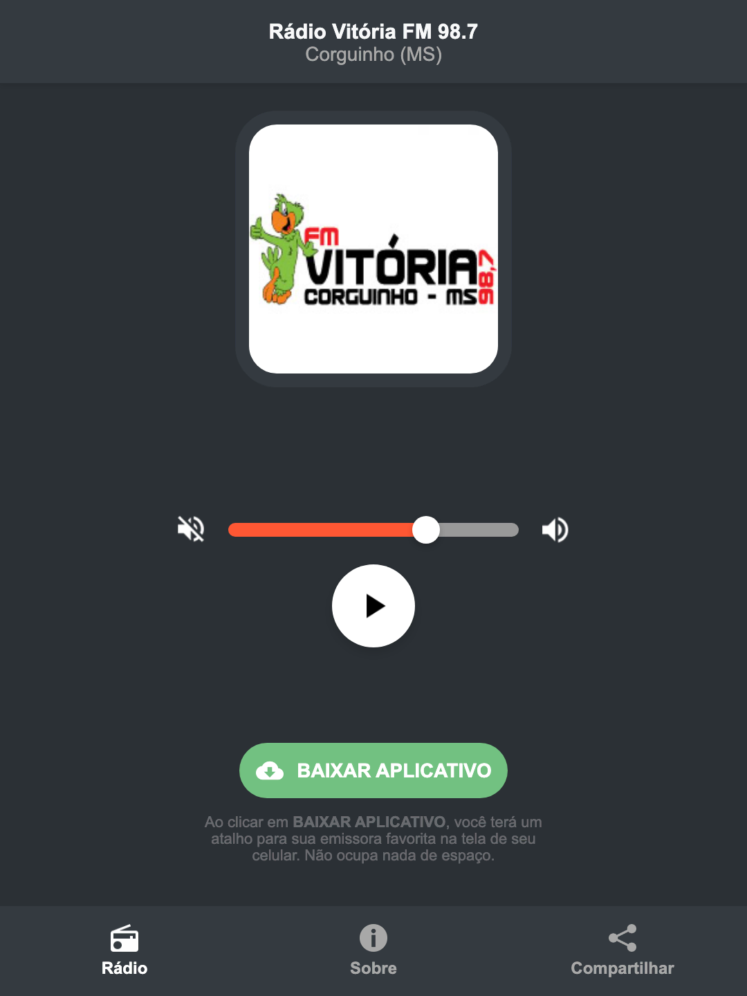 Screenshot do aplicativo da Rádio Vitória FM 98.7