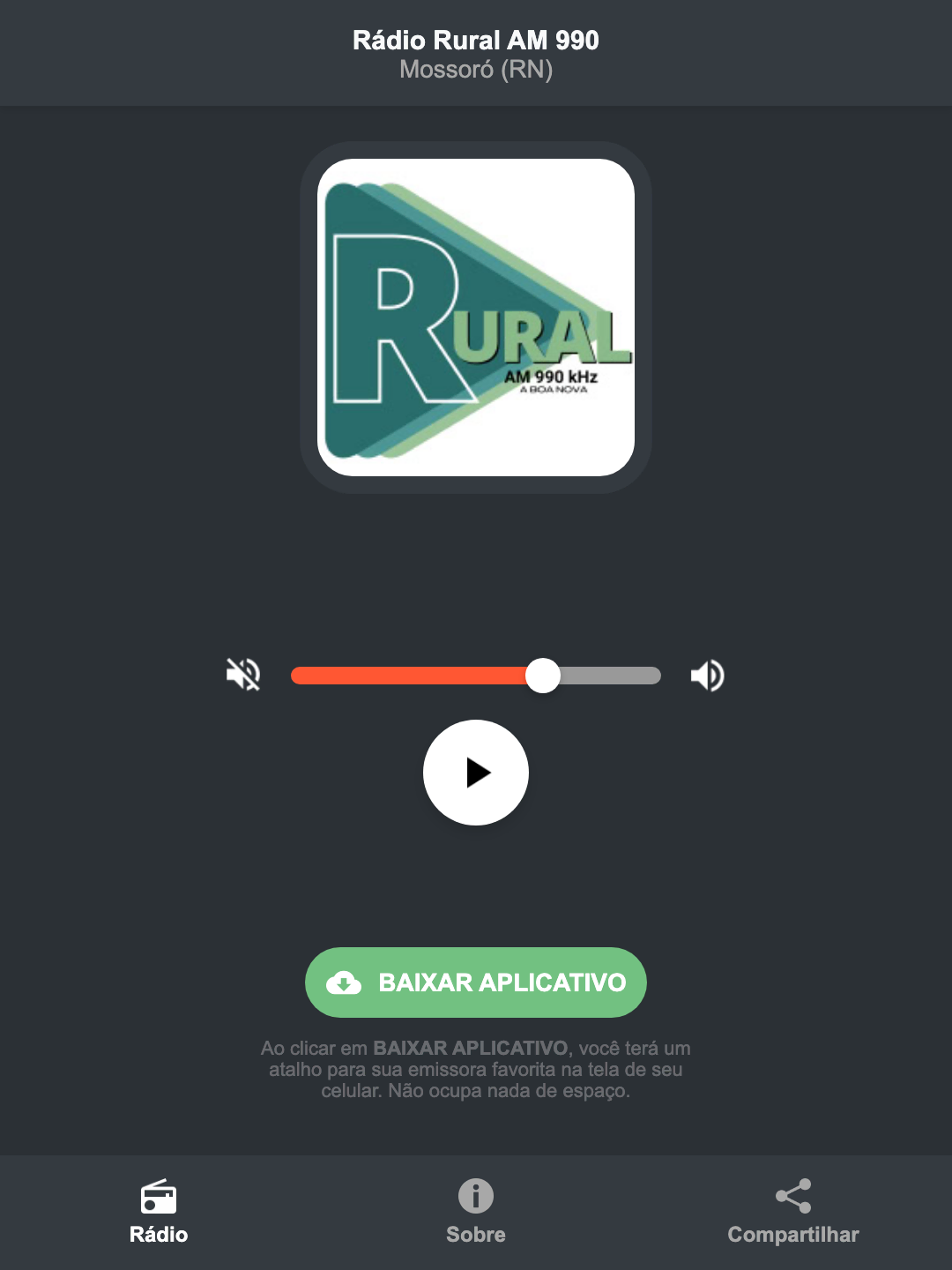 Screenshot do aplicativo da Rádio Rural AM 990