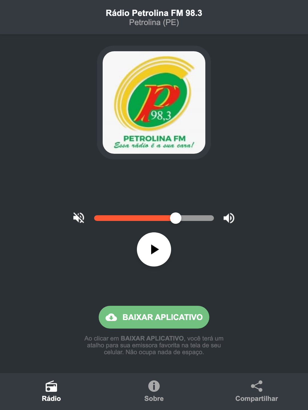 Screenshot do aplicativo da Rádio Petrolina FM 98.3
